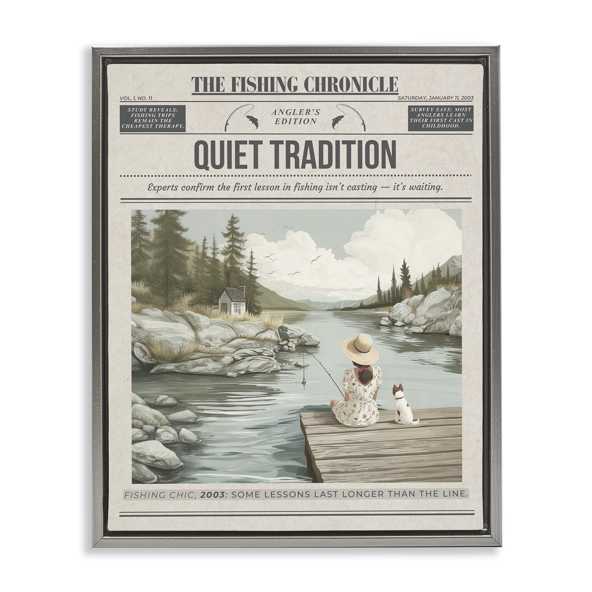 Stupell Industries Fishing Chronicle Magazine Gray Framed Floater Canvas Wall Art, design by A Barefoot Stylist