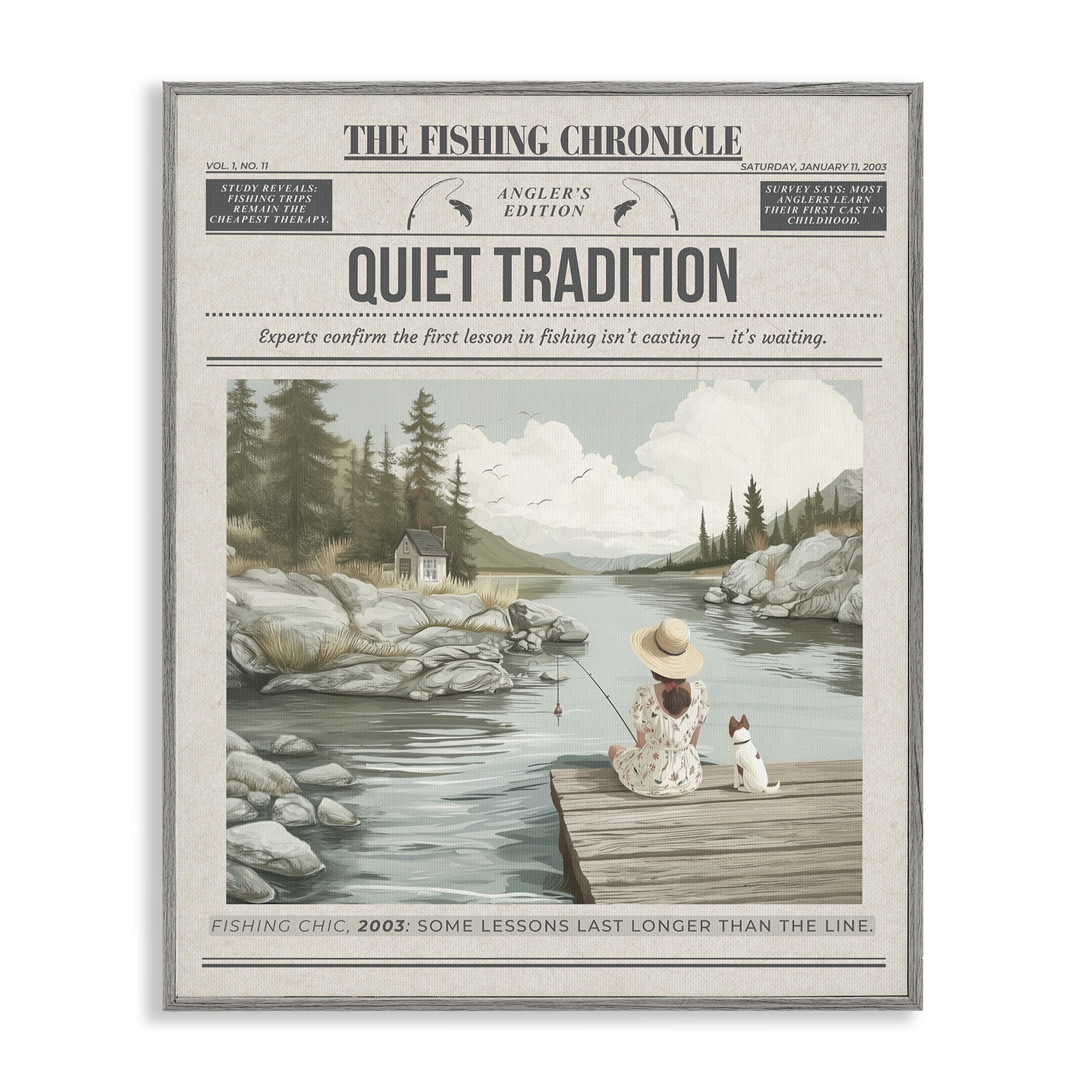 Stupell Industries Fishing Chronicle Magazine Gray Framed Giclee Art, design by A Barefoot Stylist