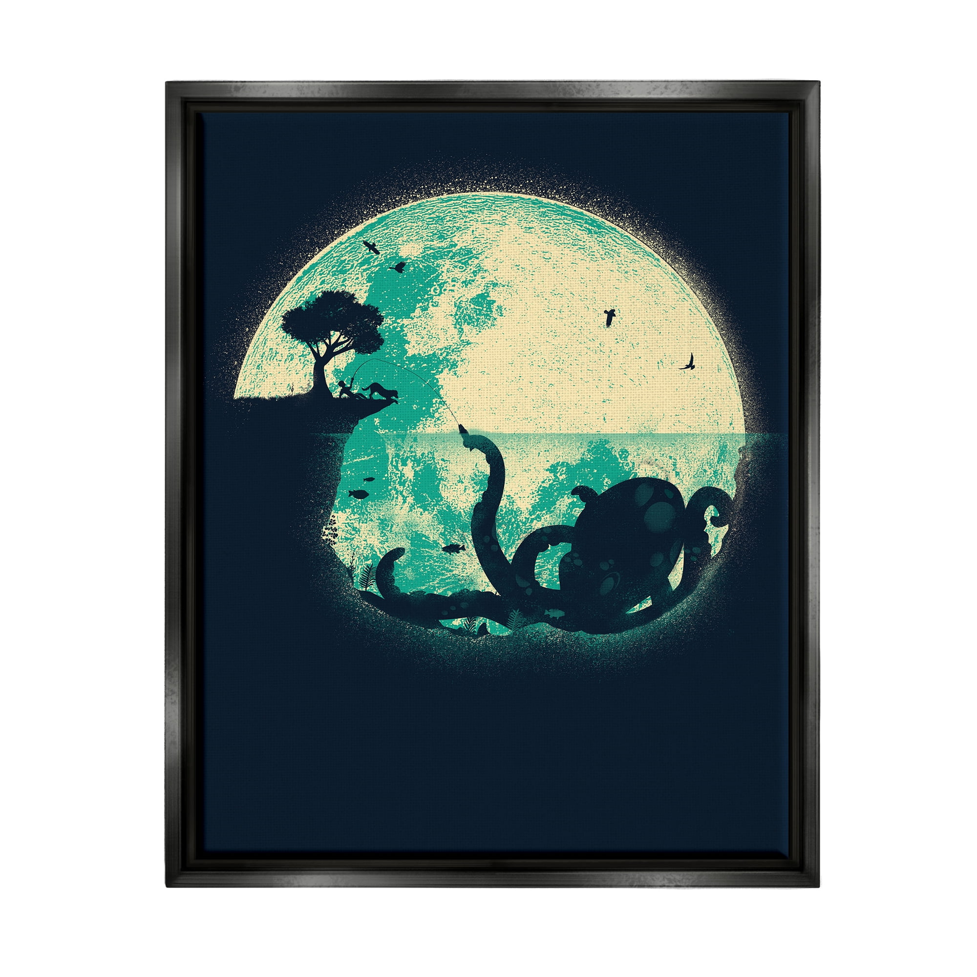 Stupell Industries Fishing Giant Octopus Animals & Insects Painting Black Floater Framed Canvas Art Print Wall Art, 17 x 21