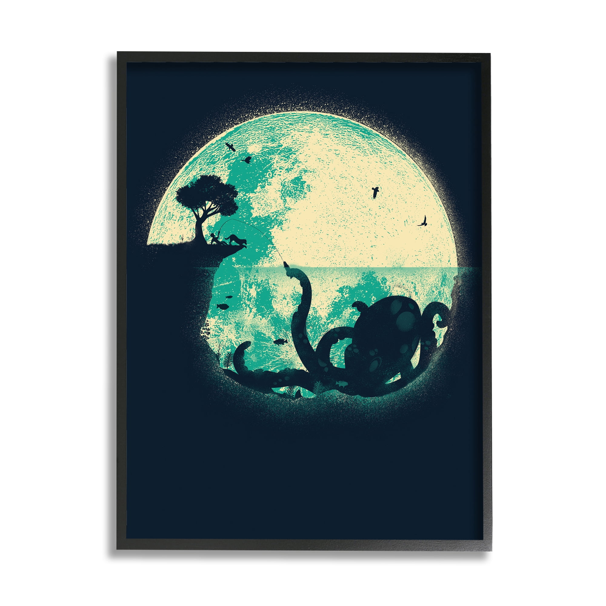 Stupell Industries Fishing Giant Octopus Animals & Insects Painting Black Framed Art Print Wall Art, 24 x 30