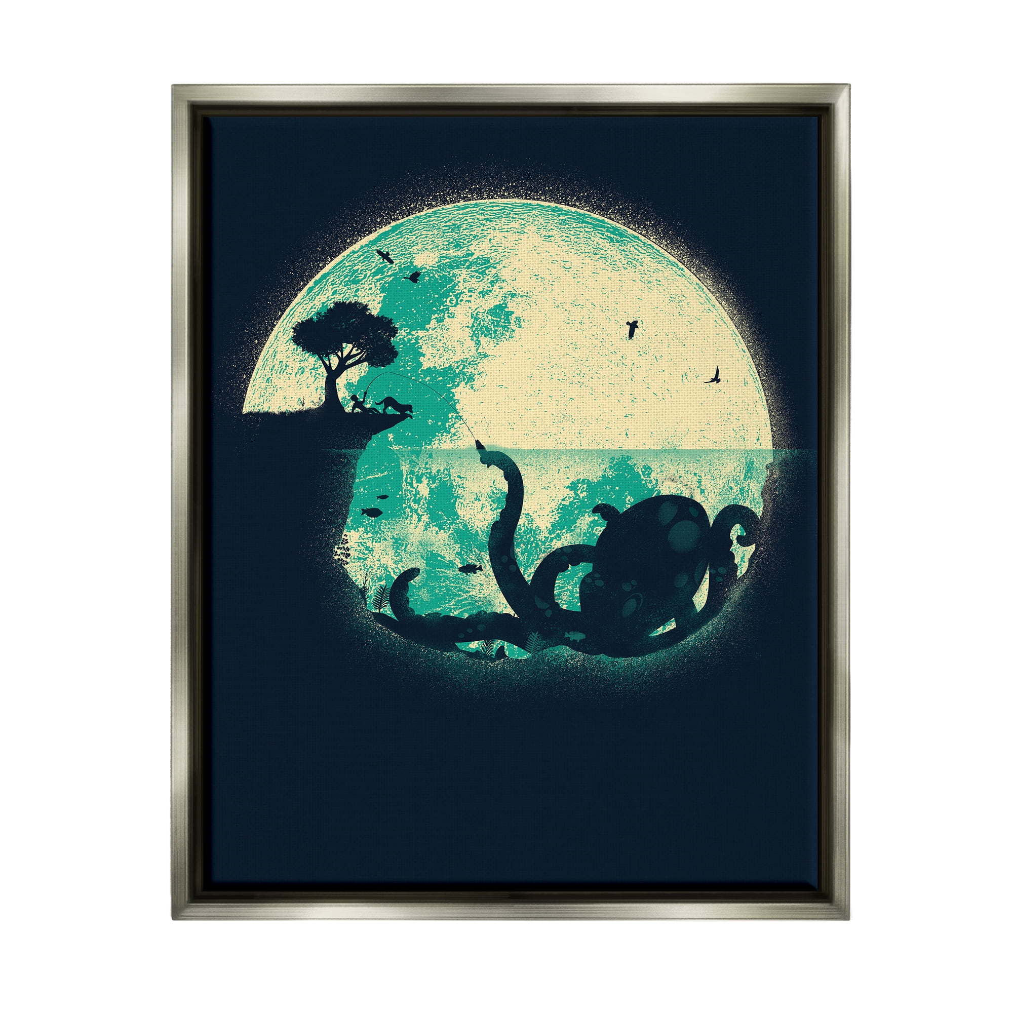 Stupell Industries Fishing Giant Octopus Animals & Insects Painting Gray Floater Framed Canvas Art Print Wall Art, 25 x 31