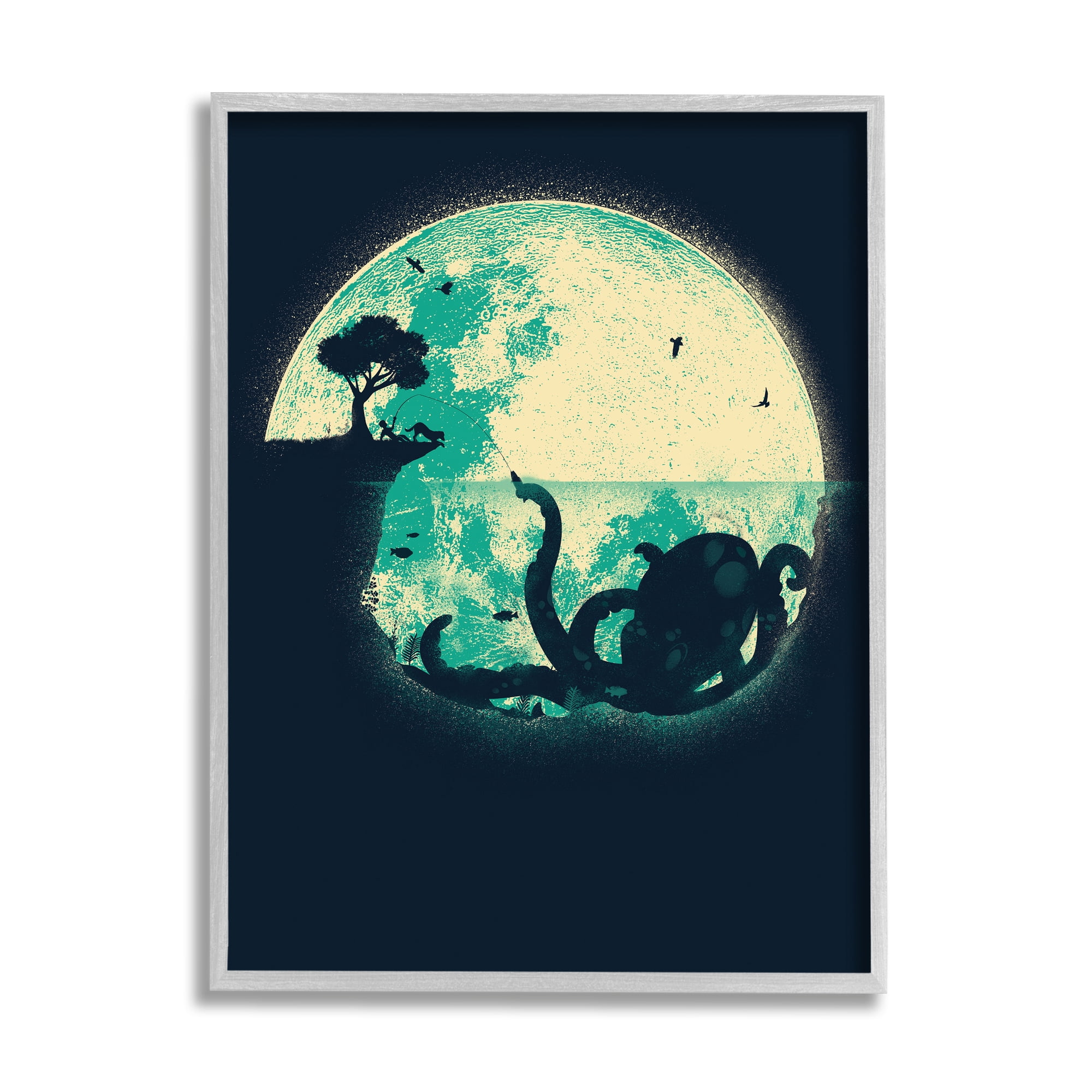 Stupell Industries Fishing Giant Octopus Animals & Insects Painting Gray Framed Art Print Wall Art, 24 x 30