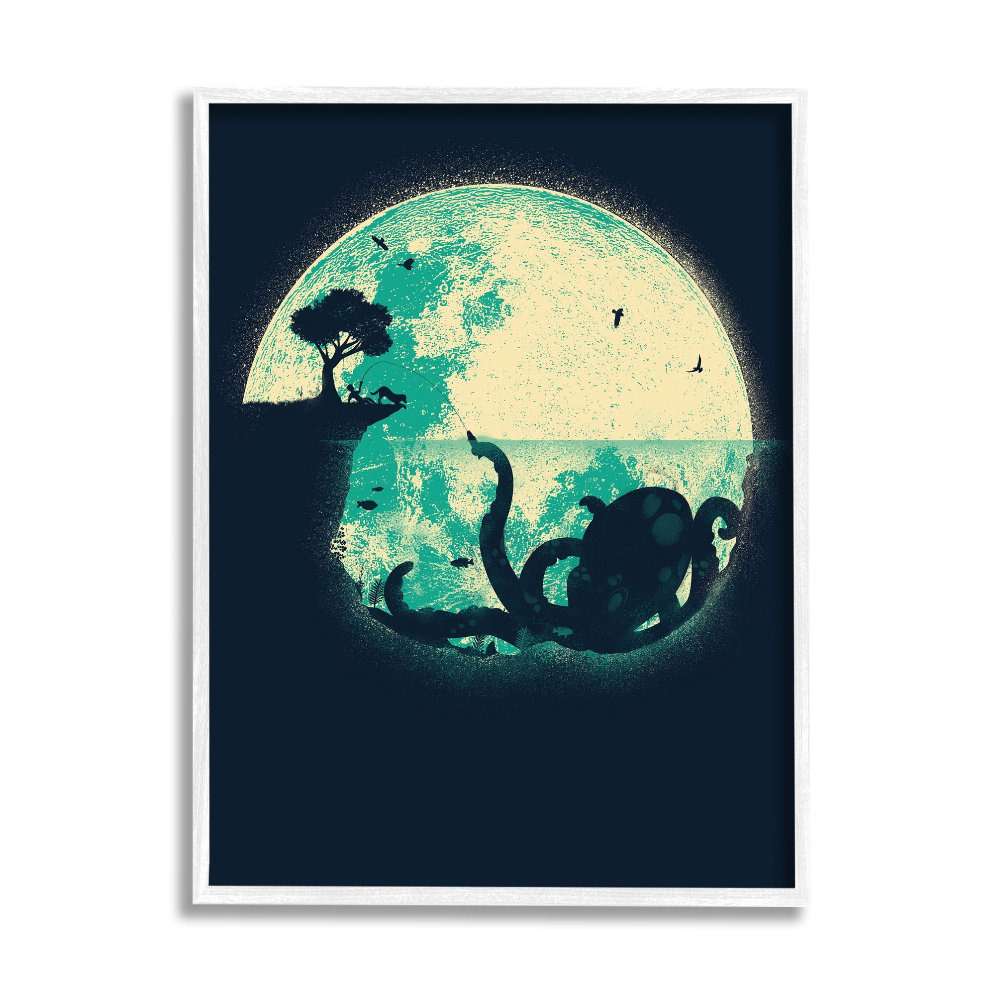 Stupell Industries Fishing Giant Octopus Animals & Insects Painting White Framed Art Print Wall Art, 11 x 14