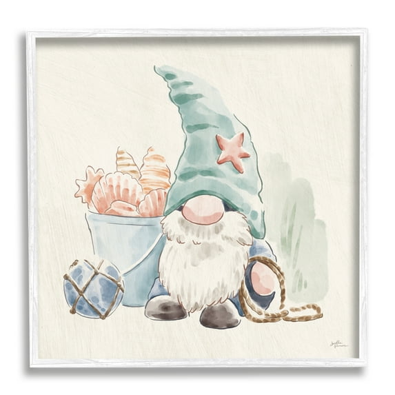 Stupell Industries Fishing Gnome Summertime Starfish Watercolor Illustration White Framed Art Print Wall Art, 12x12, by Janelle Penner