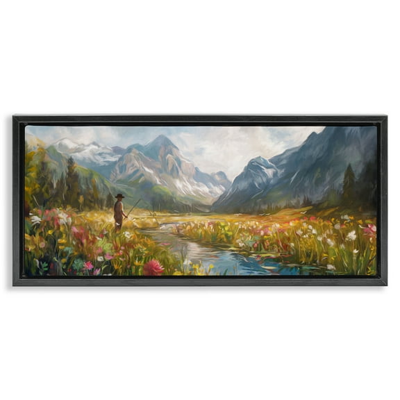 Stupell Industries Fishing Heaven Between Mountains Black Framed Floater Canvas Wall Art design by Ramona Murdock, 11 x 25