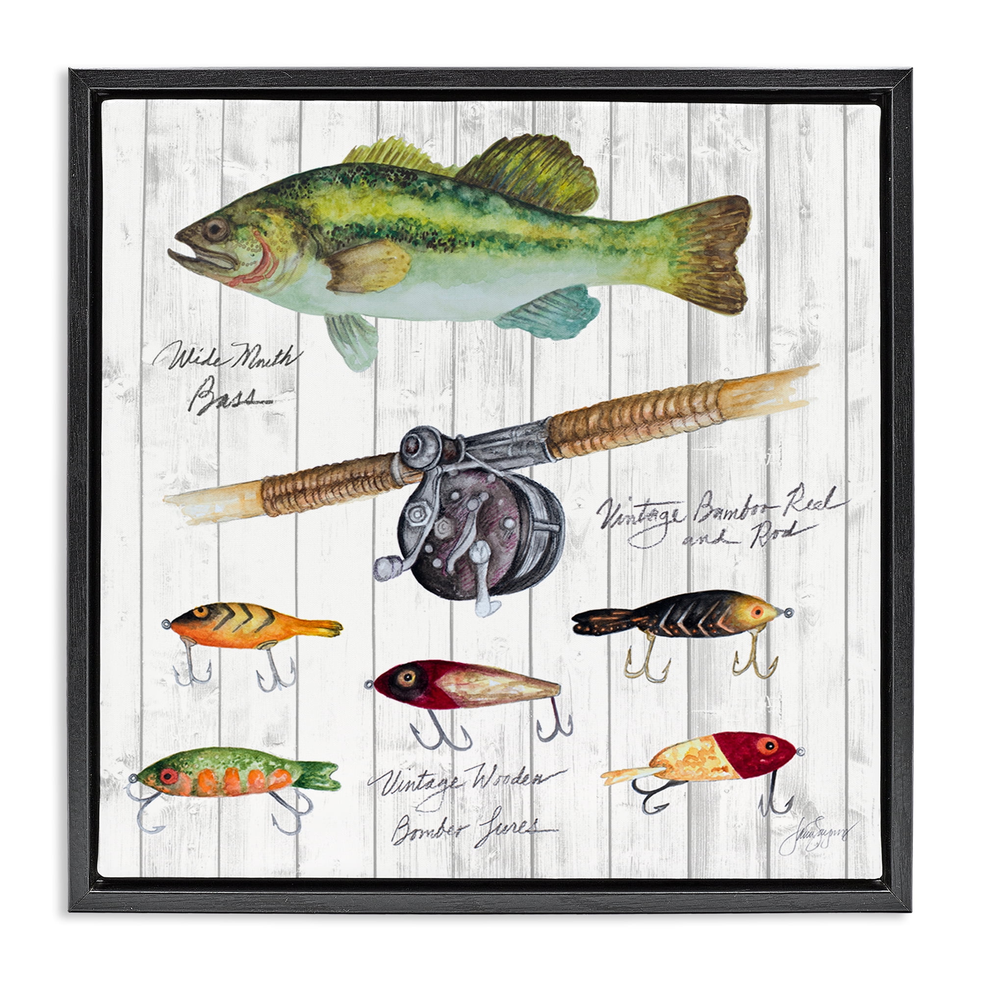 Stupell Industries Fishing Lure Diagram Nautical & Beach Painting Black Floater Framed Canvas Art Print Wall Art, 18 x 18