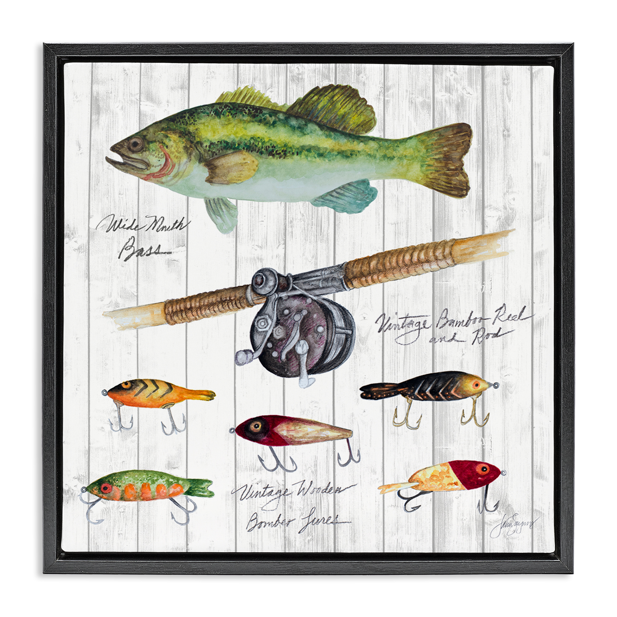 Stupell Industries Fishing Lure Diagram Nautical & Beach Painting Black Floater Framed Canvas Art Print Wall Art, 25 x 25