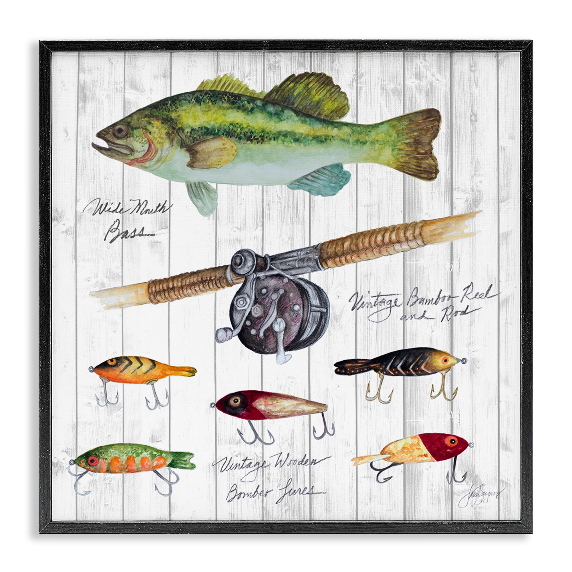 Stupell Industries Fishing Lure Diagram Nautical & Beach Painting Black Framed Art Print Wall Art, 24 x 24