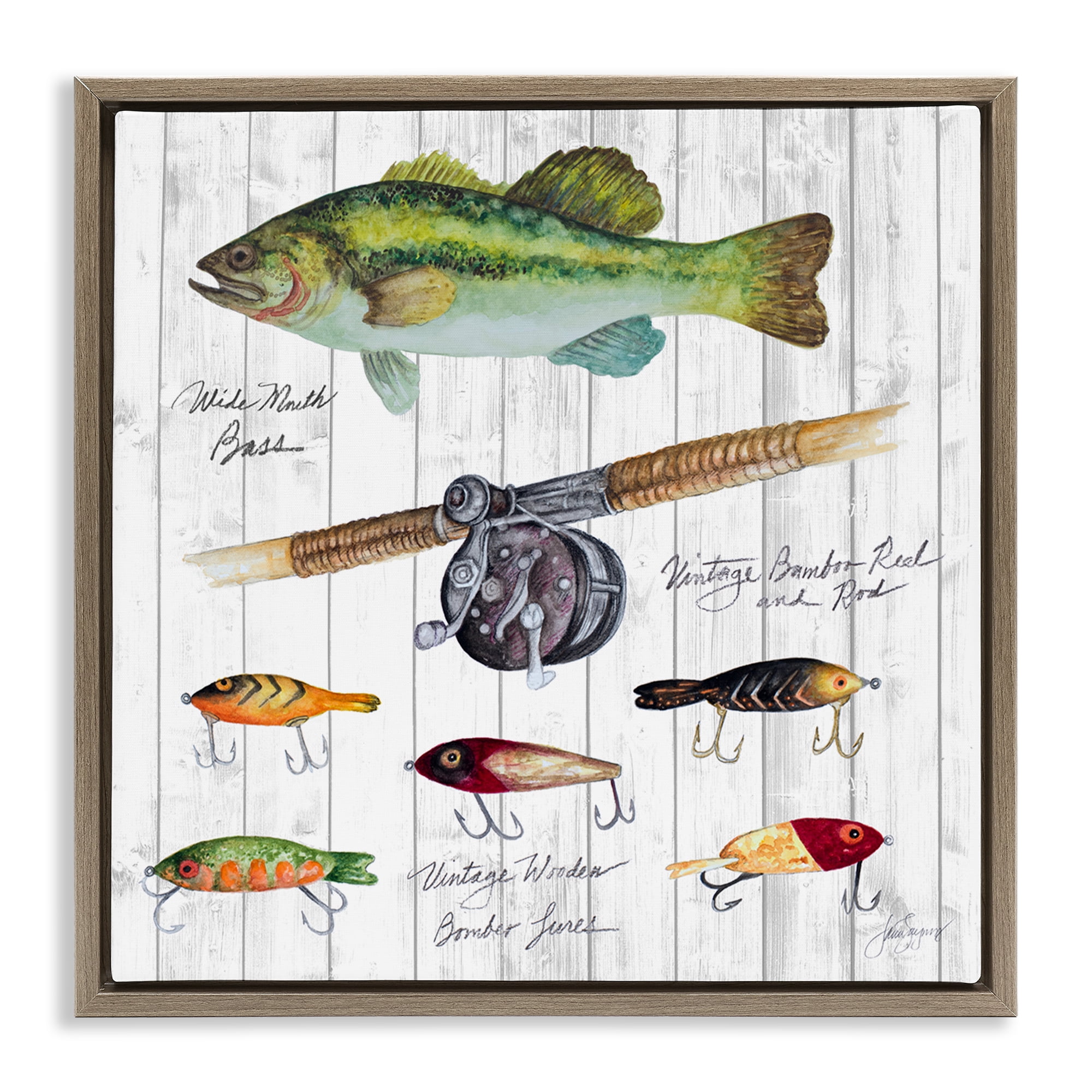 Stupell Industries Fishing Lure Diagram Nautical & Beach Painting Brown Floater Framed Canvas Art Print Wall Art, 18 x 18