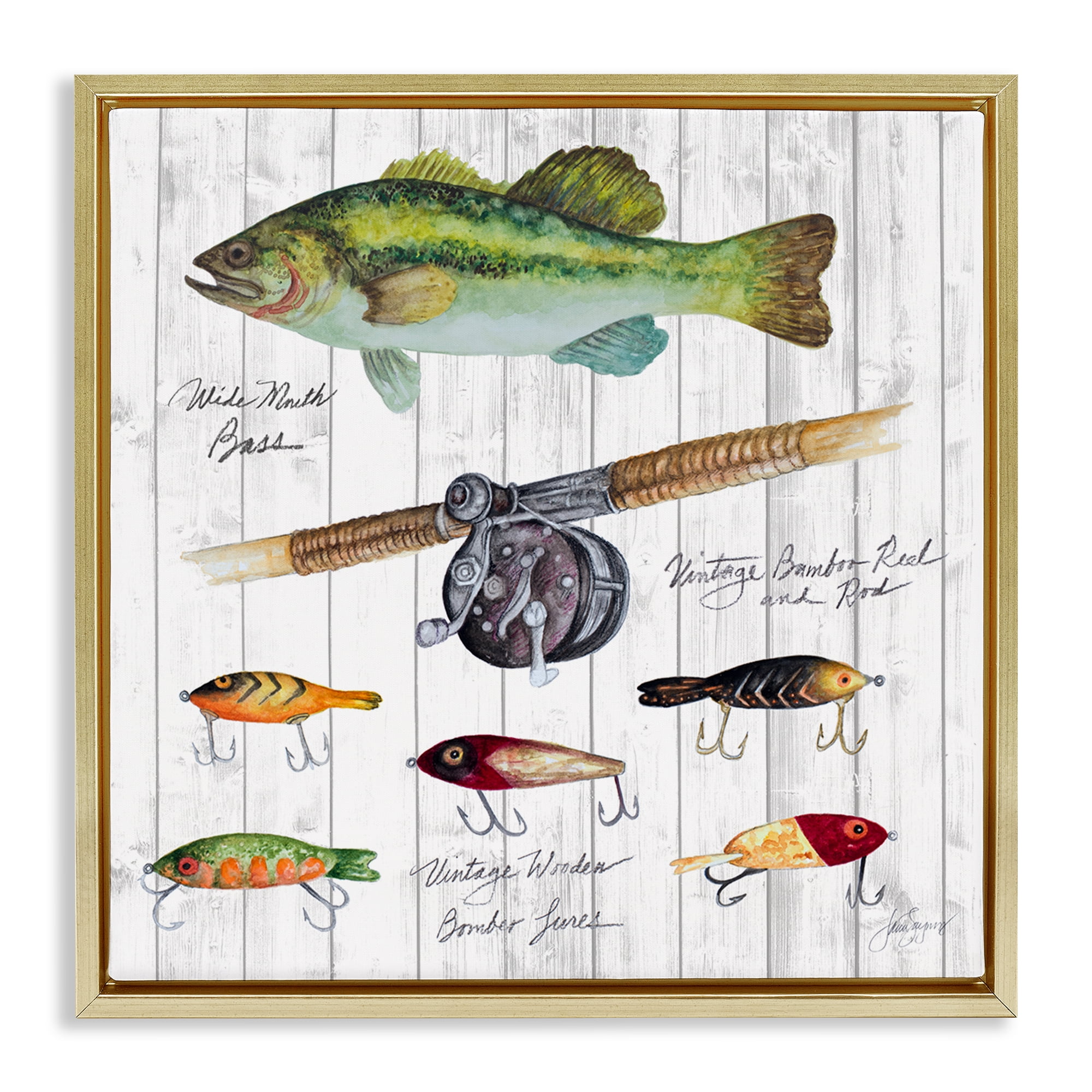 Stupell Industries Fishing Lure Diagram Nautical & Beach Painting Gold Floater Framed Canvas Art Print Wall Art, 25 x 25