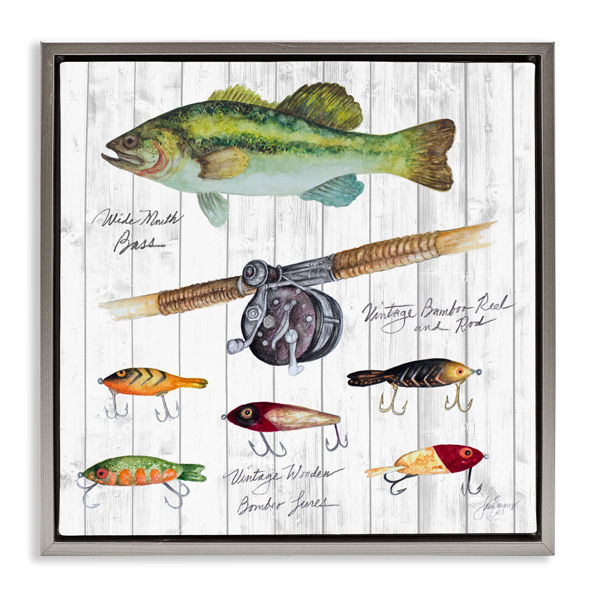 Stupell Industries Fishing Lure Diagram Nautical & Beach Painting Gray Floater Framed Canvas Art Print Wall Art, 25 x 25