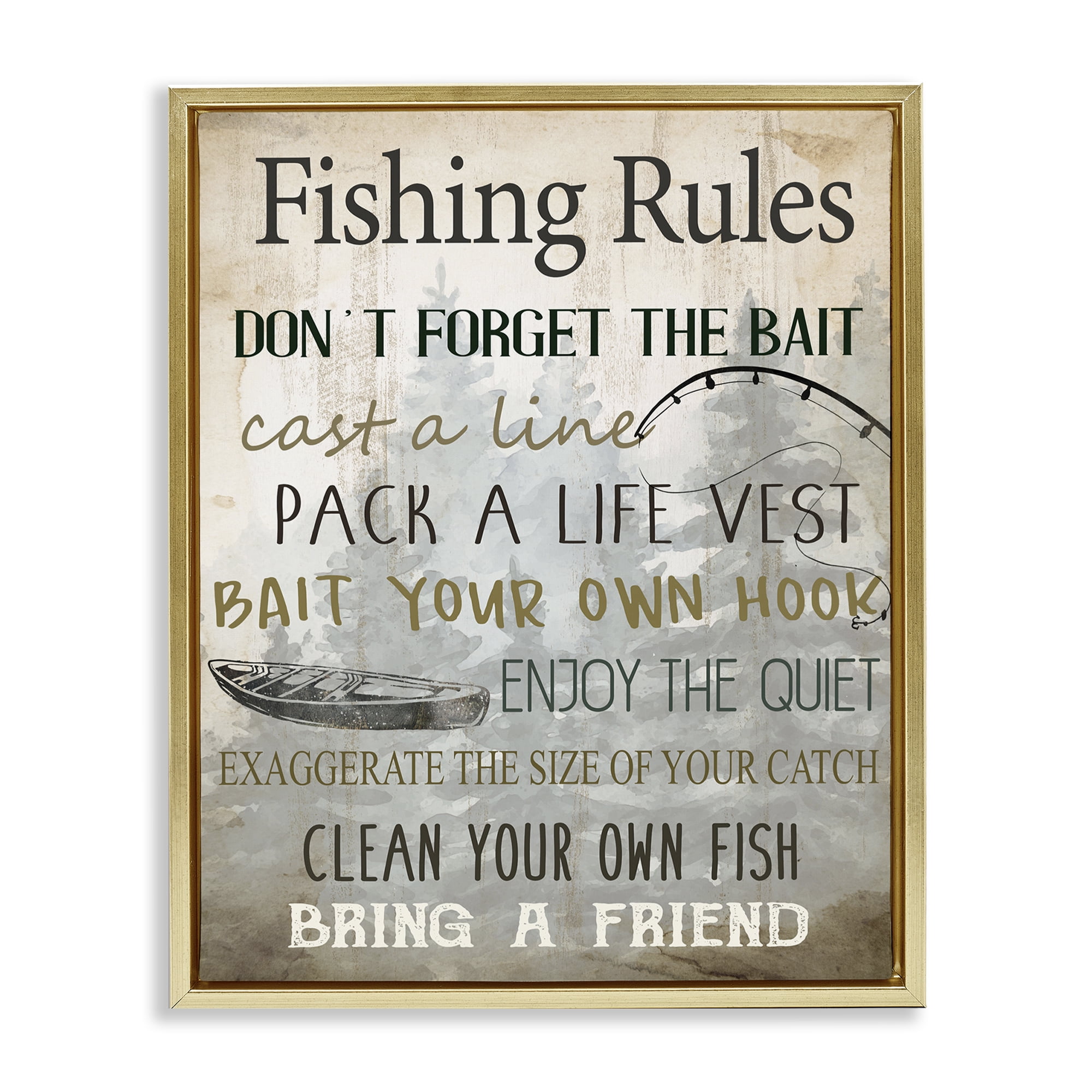 Stupell Industries Fishing Rules List Nautical & Beach Painting Gold Floater Framed Canvas Art Print Wall Art, 25 x 31