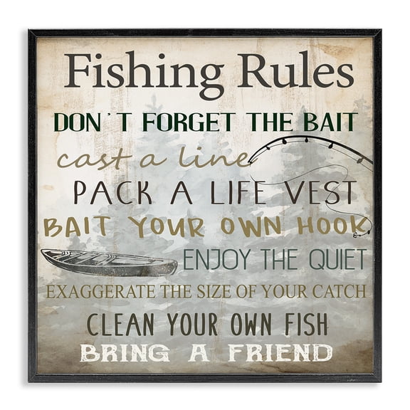 Stupell Industries Fishing Rules Rustic List Black Framed Giclee Art design by Kim Allen, 12 x 12