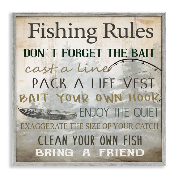Stupell Industries Fishing Rules Rustic List Gray Framed Giclee Art design by Kim Allen, 12 x 12