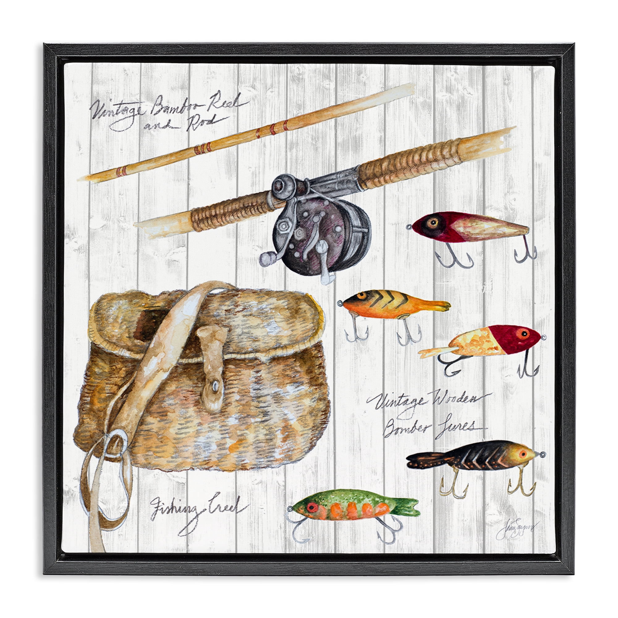 Stupell Industries Fishing Tackle Box Nautical & Beach Painting Black Floater Framed Canvas Art Print Wall Art, 18 x 18