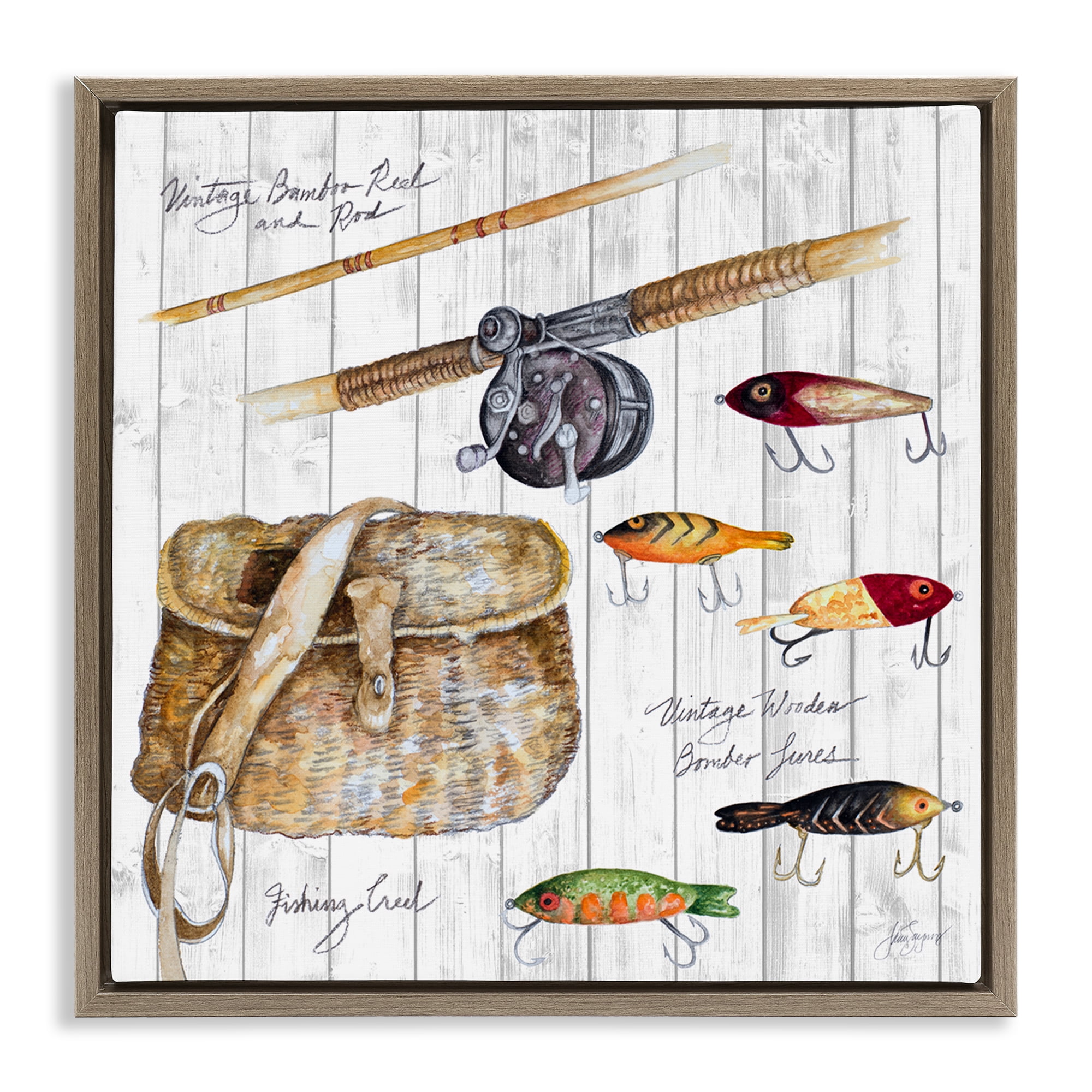Stupell Industries Fishing Tackle Box Nautical & Beach Painting Brown Floater Framed Canvas Art Print Wall Art, 18 x 18