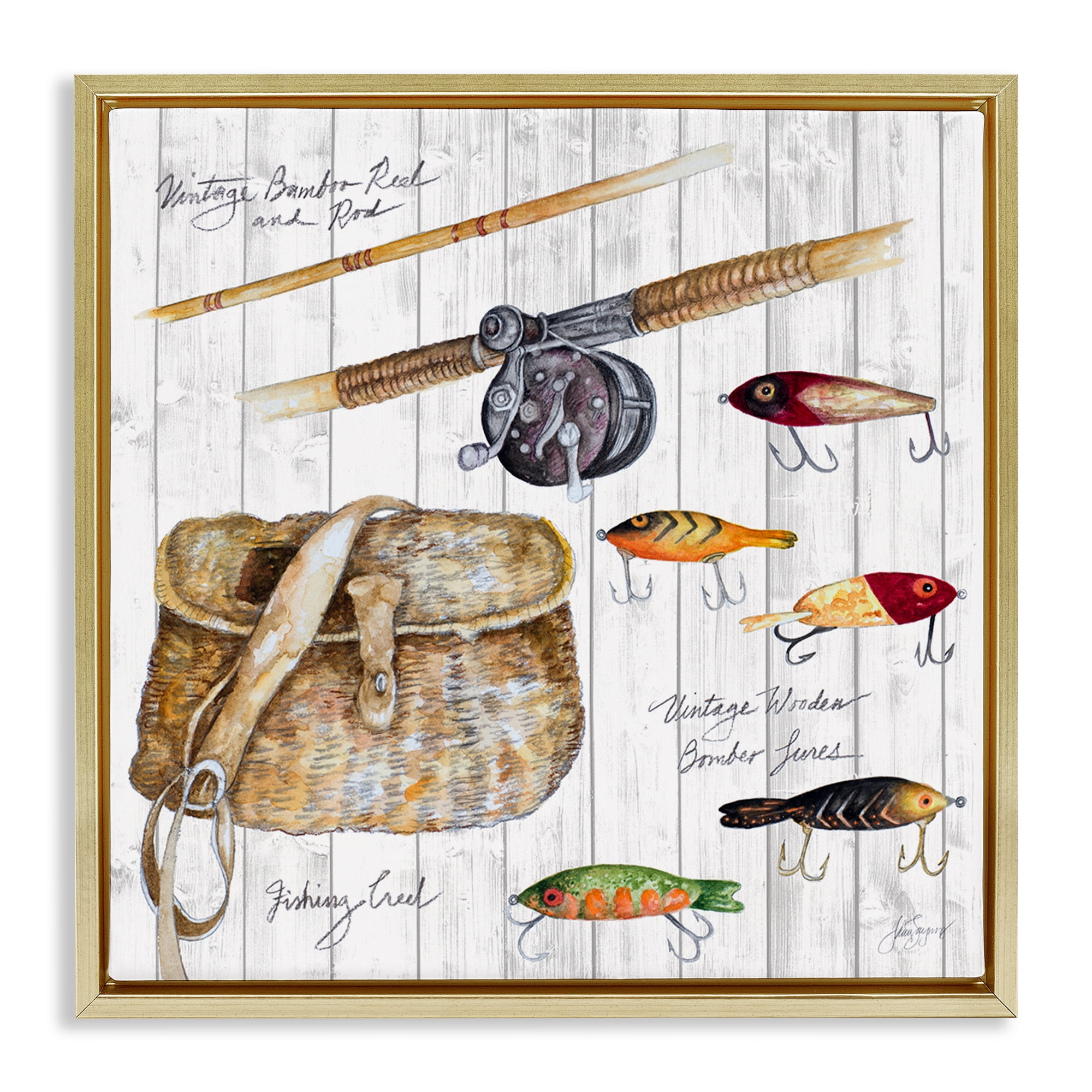 Stupell Industries Fishing Tackle Box Nautical & Beach Painting Gold Floater Framed Canvas Art Print Wall Art, 18 x 18