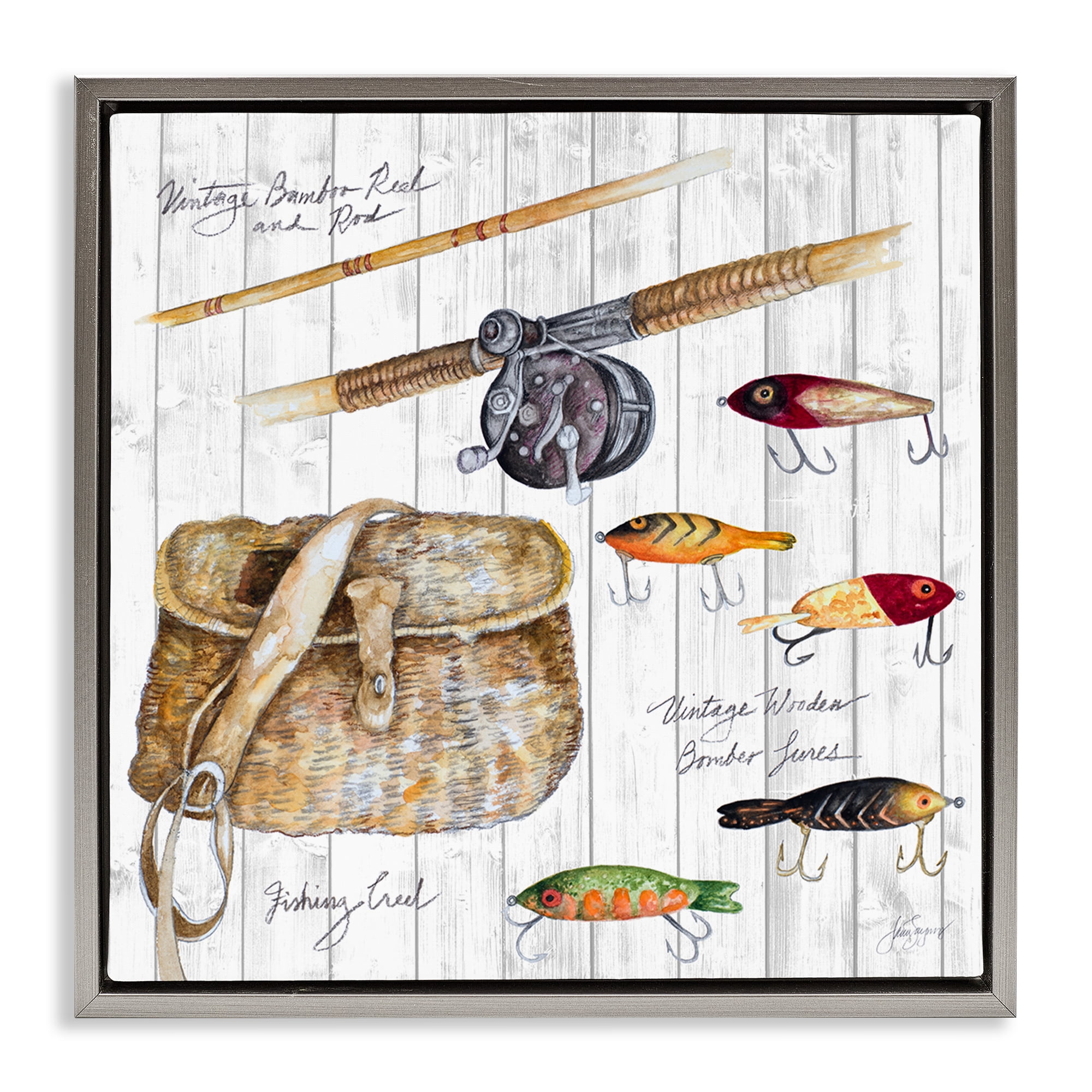Stupell Industries Fishing Tackle Box Nautical & Beach Painting Gray Floater Framed Canvas Art Print Wall Art, 25 x 25