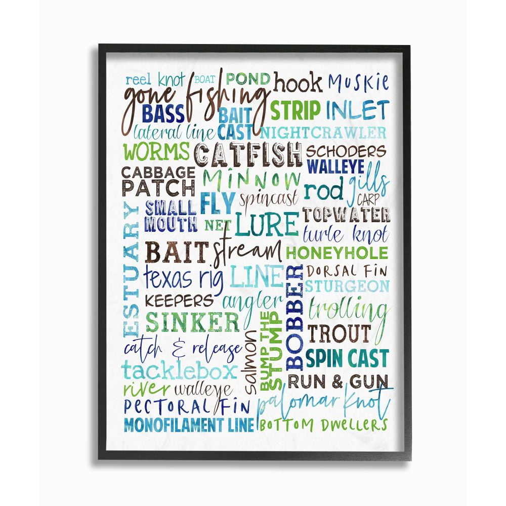 Stupell Industries Fishing Terms And Phrases Sports Blue Green Word Design Graphic Art Black Framed Art Print Wall Art, 24x30, by Erica Billups