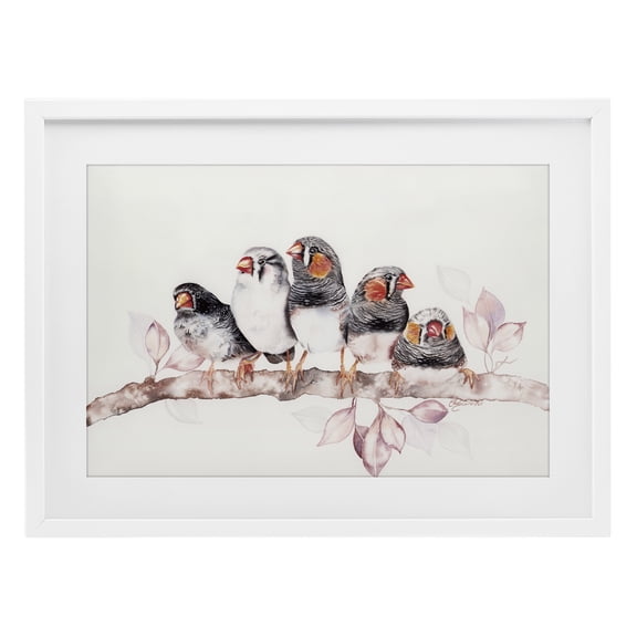 Five Birds on Branch White Framed Print Under Glass, 23 x 17, Made In USA