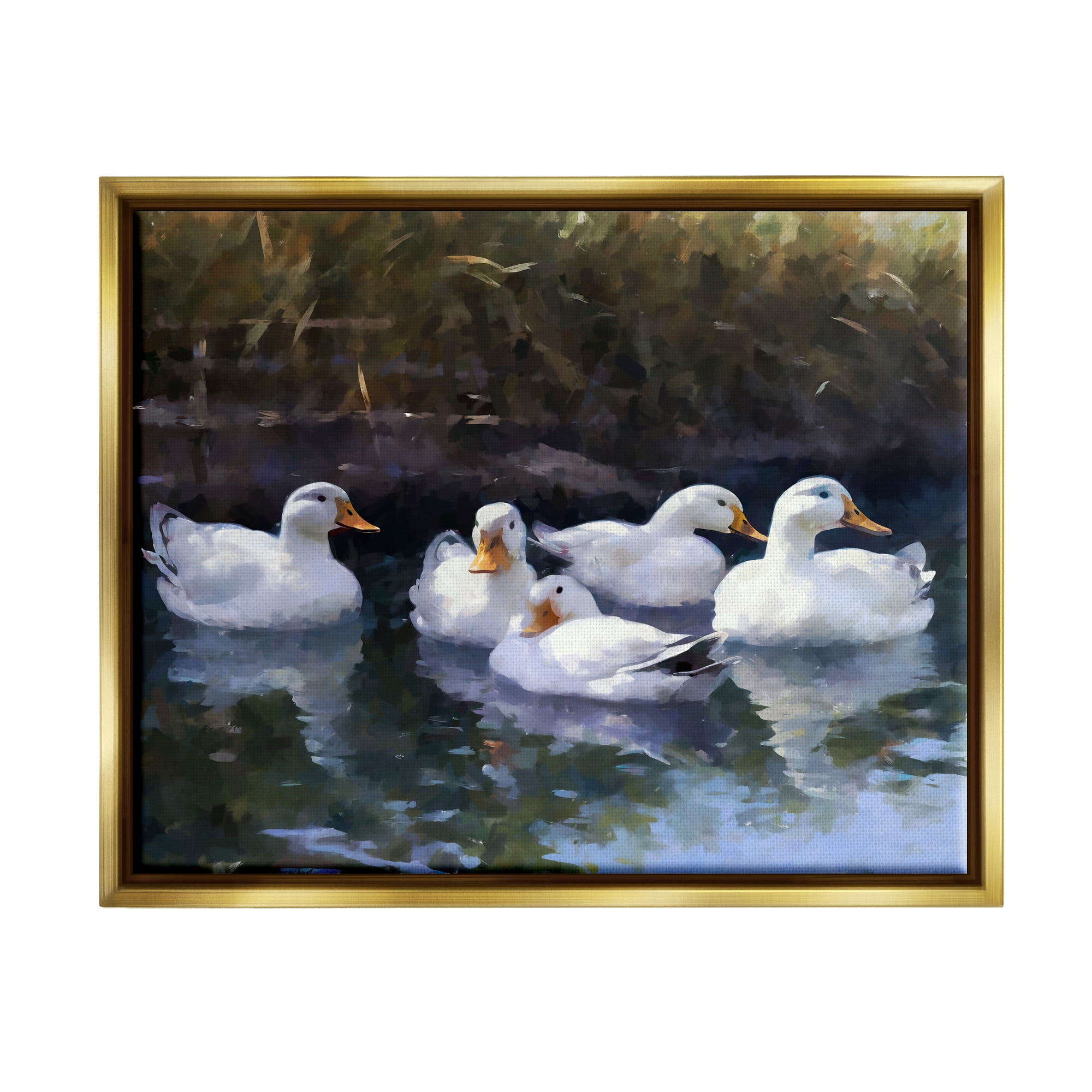Stupell Industries Five Ducks in Pond Animals & Insects Painting Gold Floater Framed Canvas Art Print Wall Art, 21 x 17