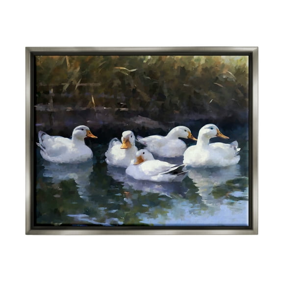 Stupell Industries Five Ducks in Pond Animals & Insects Painting Gray Floater Framed Canvas Art Print Wall Art, 21 x 17