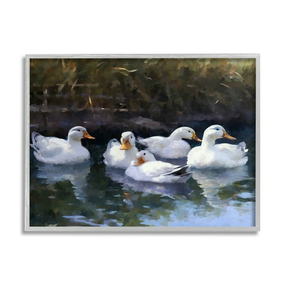 Stupell Industries Five Ducks in Pond Animals & Insects Painting Gray Framed Art Print Wall Art, 30 x 24