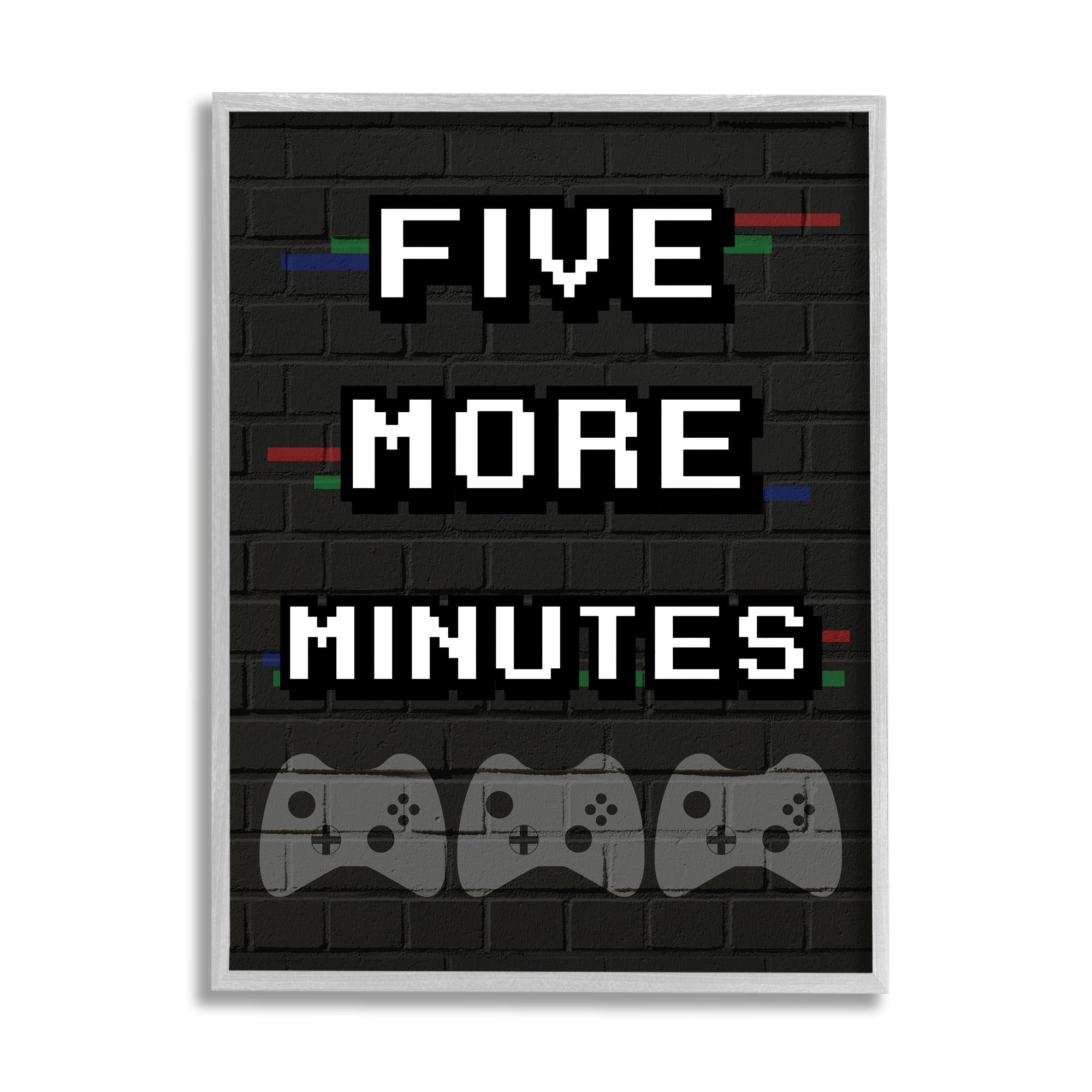 Stupell Industries Five More Minutes Video Game Phrase Retro Bricks Inspirational Painting Gray Framed Art Print Wall Art, 11 x 14