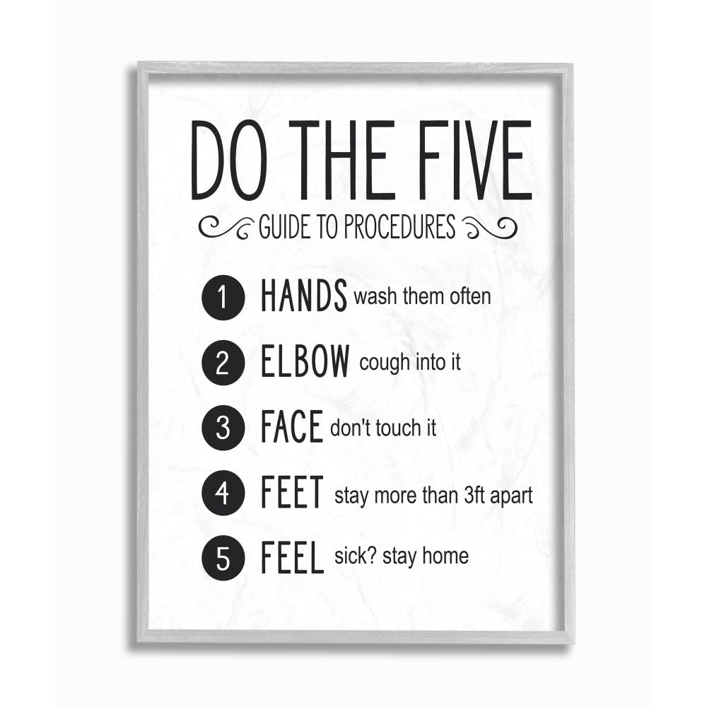 Stupell Industries Five Procedures of Cleanliness Virus Office Sign Framed Wall Art Design by Lettered and Lined, 16" x 20", Gray Framed