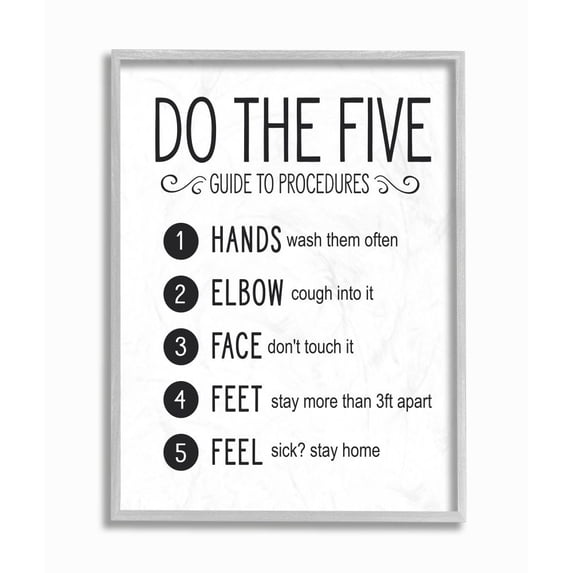 Stupell Industries Five Procedures of Cleanliness Virus Office Sign Framed Wall Art Design by Lettered and Lined, 16" x 20", Gray Framed