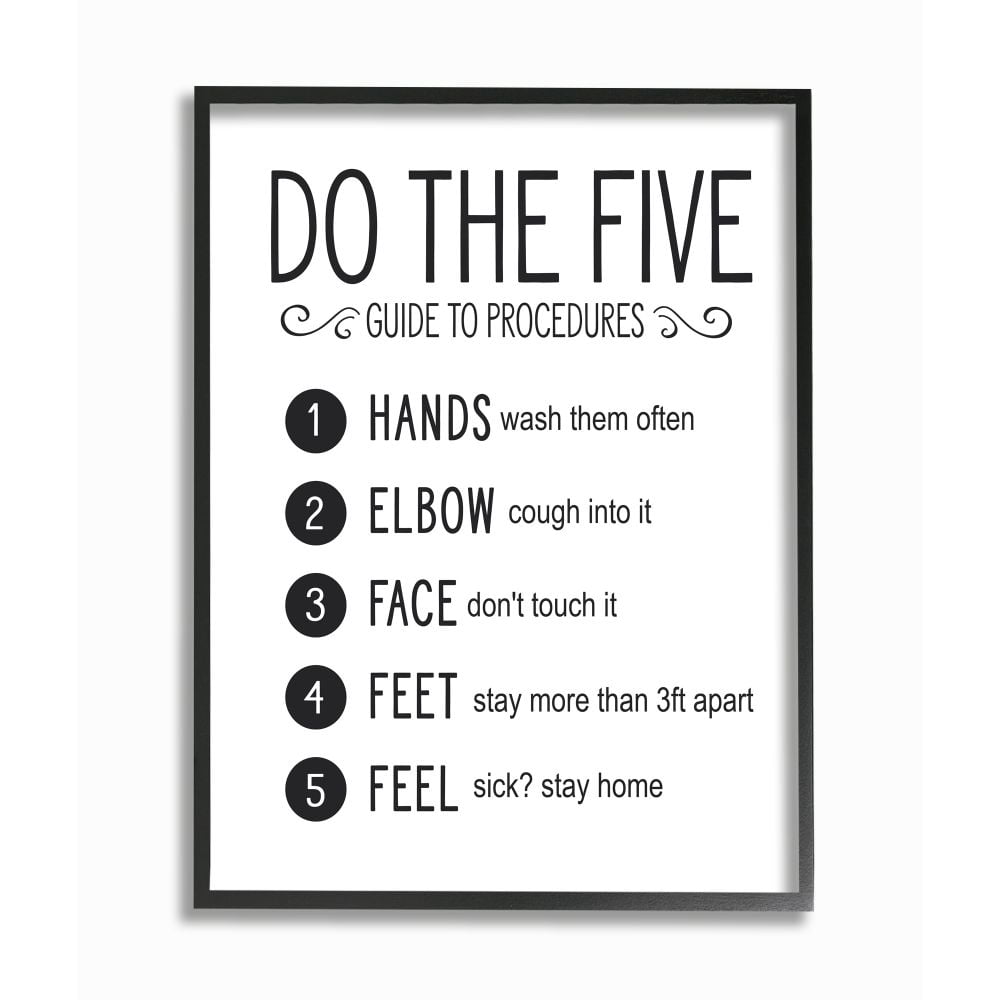 Stupell Industries Five Procedures of Cleanliness Virus Office Sign Framed Wall Art Design by Lettered and Lined, 24" x 30", Black Framed