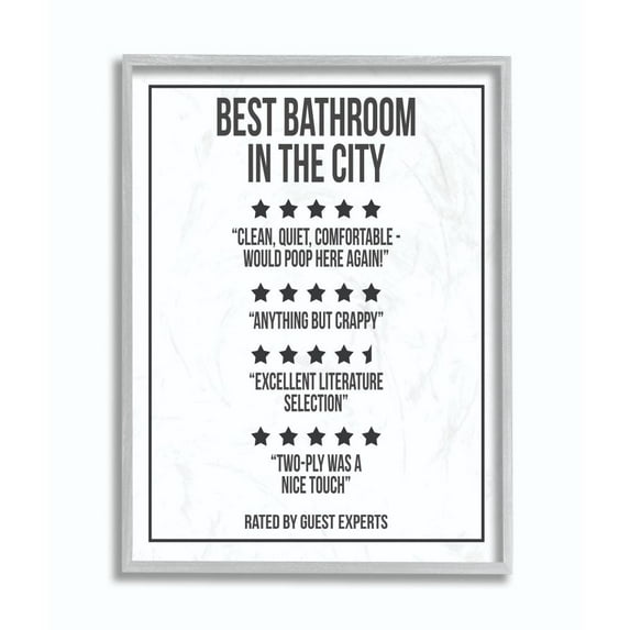 Stupell Industries Five Star Bathroom Funny Word Black And White Design Gray Farmhouse Rustic Framed Giclee Texturized Art by Daphne Polselli