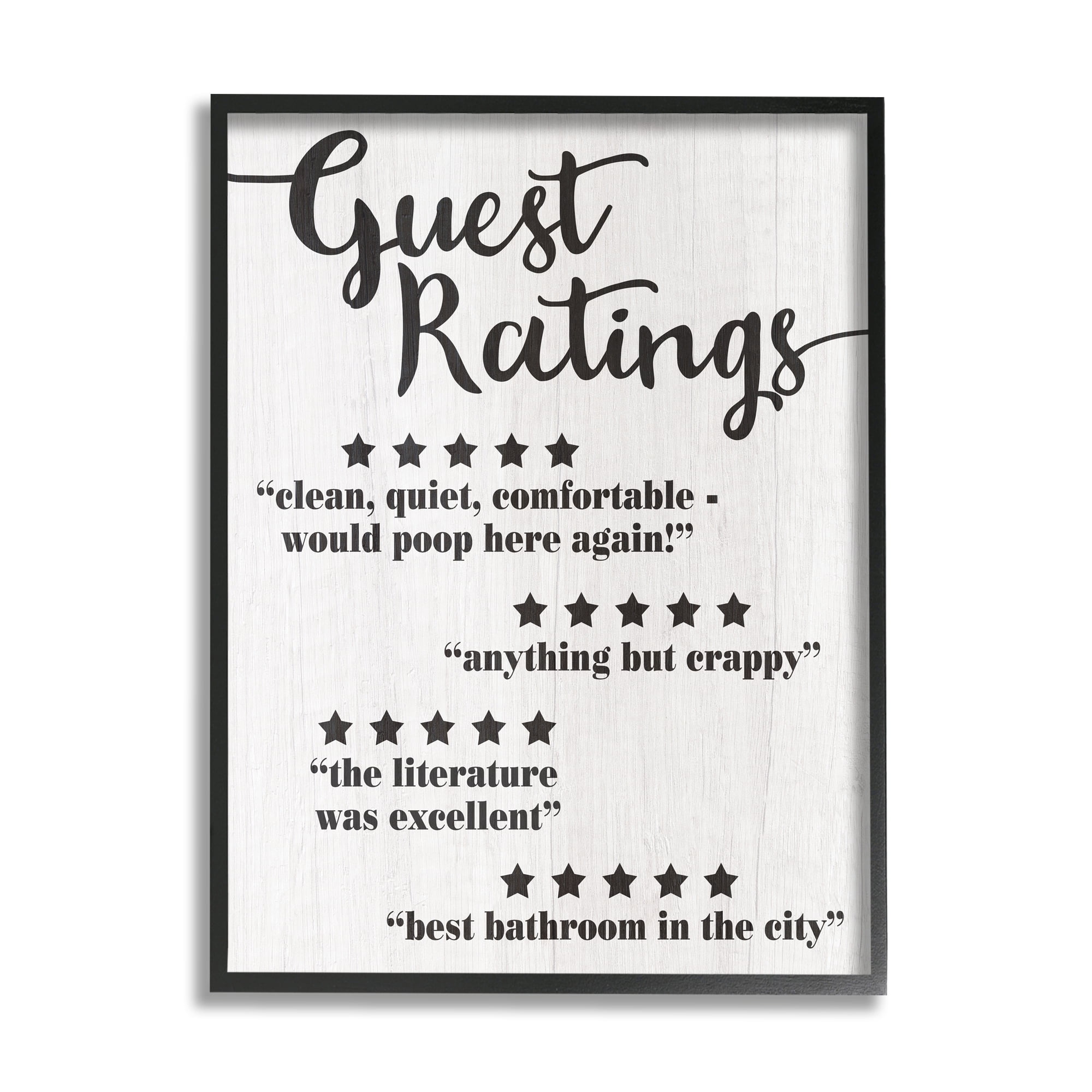 Stupell Industries Five Star Bathroom Funny Word Black And White Wood Textured Design Framed Giclee Texturized Art by Daphne Polselli