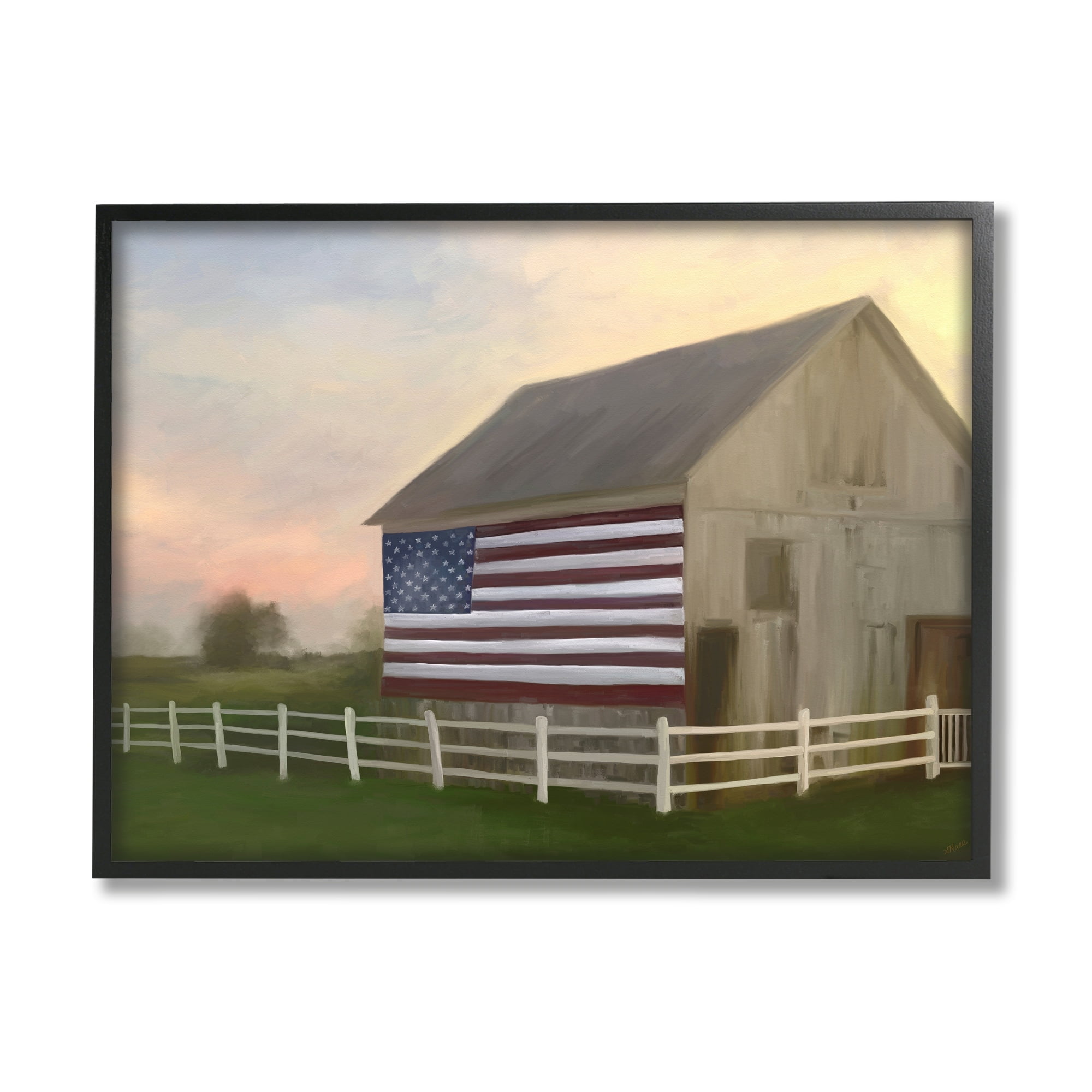 Stupell Industries Flag Rural Barn Sunset Farm Landscape Painting Black Framed Art Print Wall Art, Design by Amy Hall