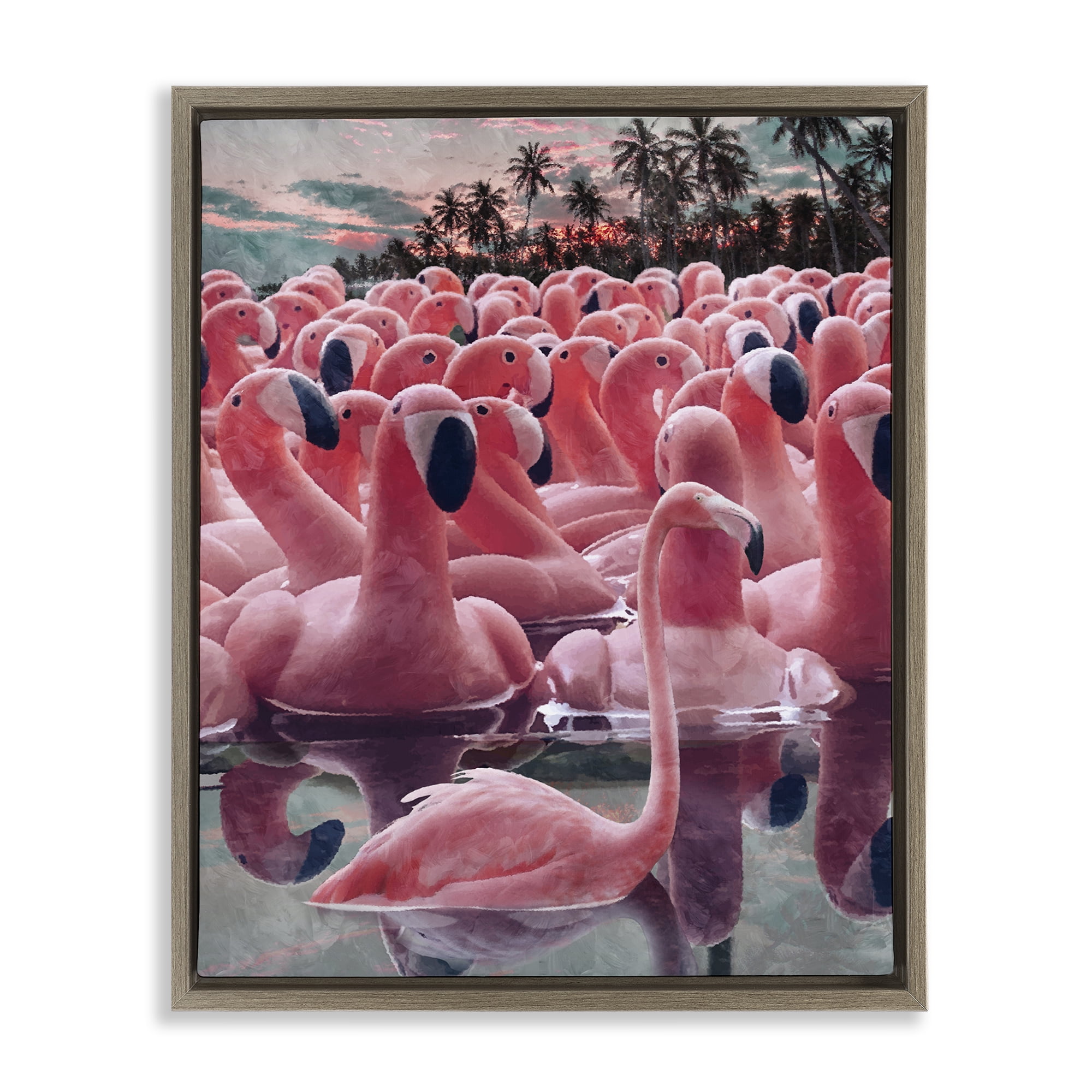 Stupell Industries Flamingo Among Floats Nautical & Beach Painting Brown Floater Framed Canvas Art Print Wall Art, 25 x 31