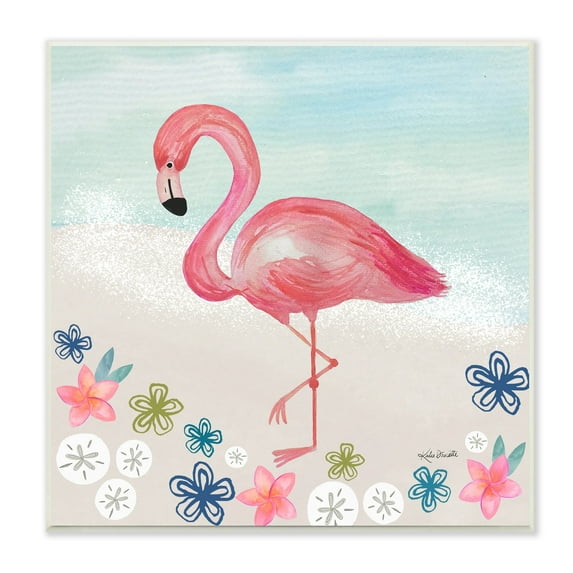 Stupell Flamingo Among Sand Dollars Flowers Beach Shore Wood Wall Art - Blue