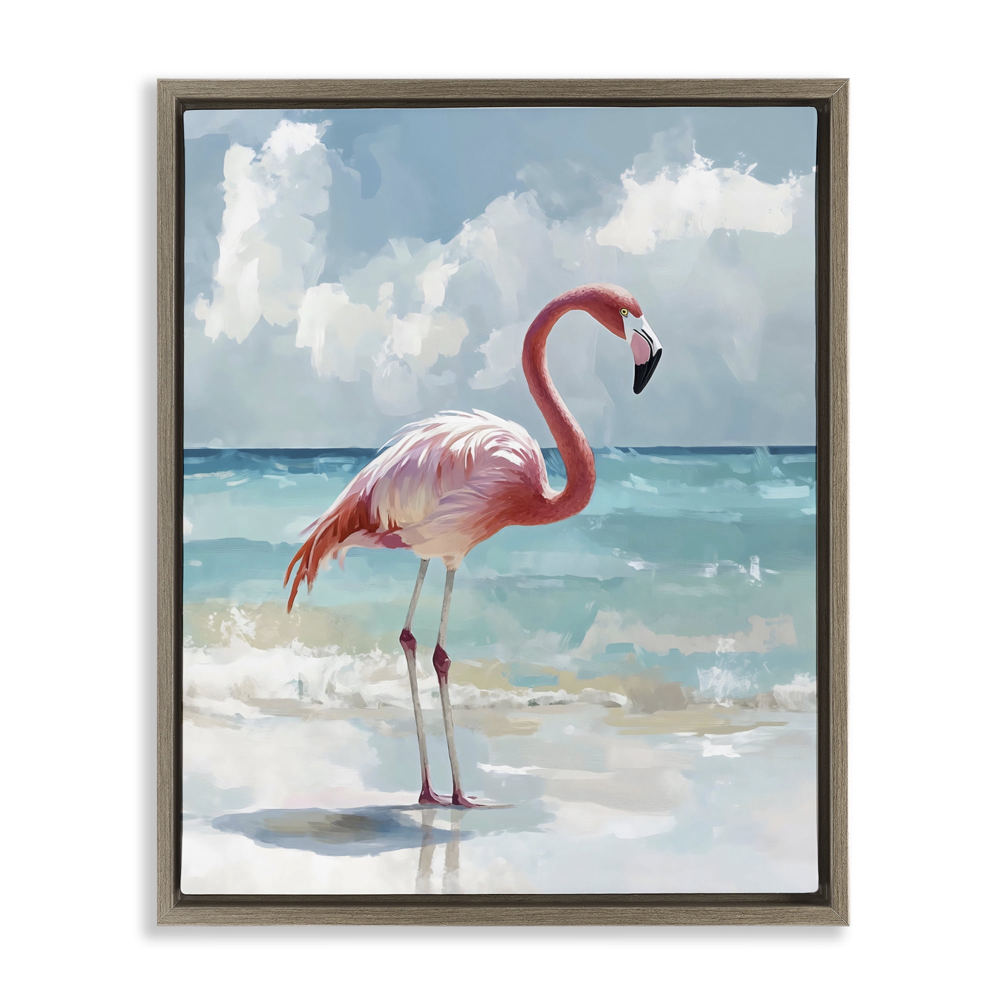 Stupell Industries Flamingo At Shore Brown Framed Floater Canvas Wall Art, design by The Prints Vibe