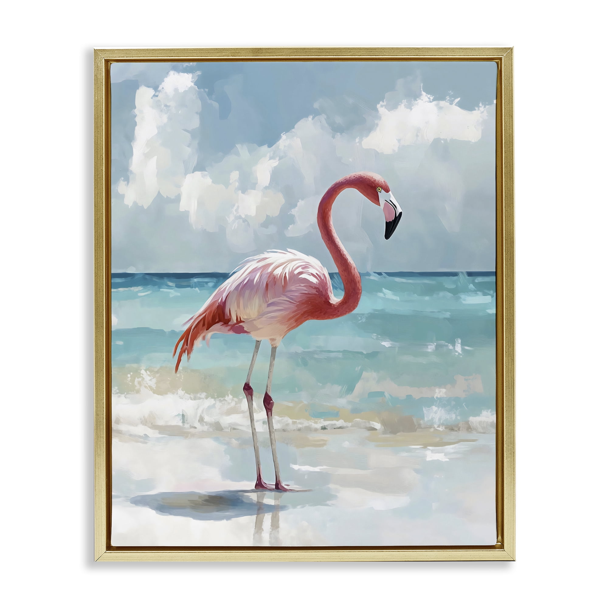 Stupell Industries Flamingo At Shore Gold Framed Floater Canvas Wall Art, design by The Prints Vibe