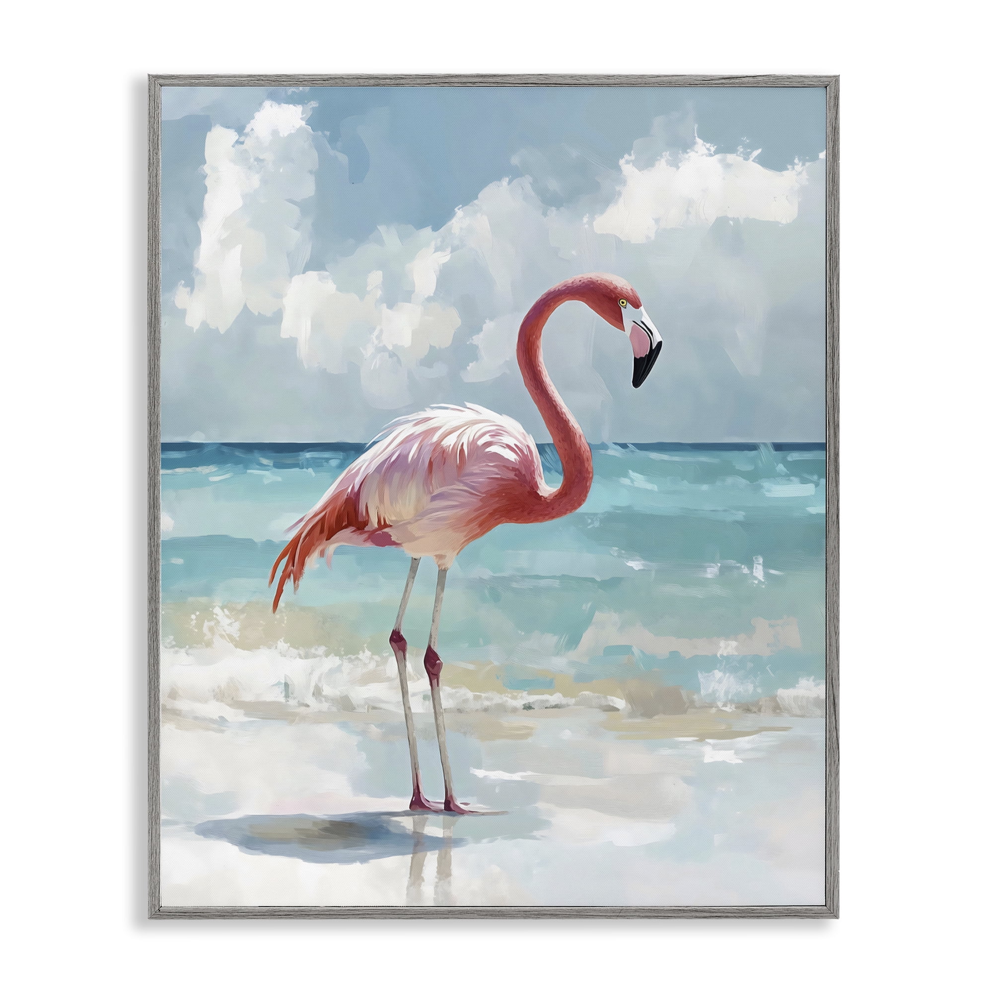 Stupell Industries Flamingo At Shore Gray Framed Giclee Art, design by The Prints Vibe