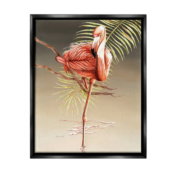 Stupell Industries Flamingo Balancing with Leaf Animals & Insects Painting Black Floater Framed Canvas Art Print Wall Art, 17 x 21
