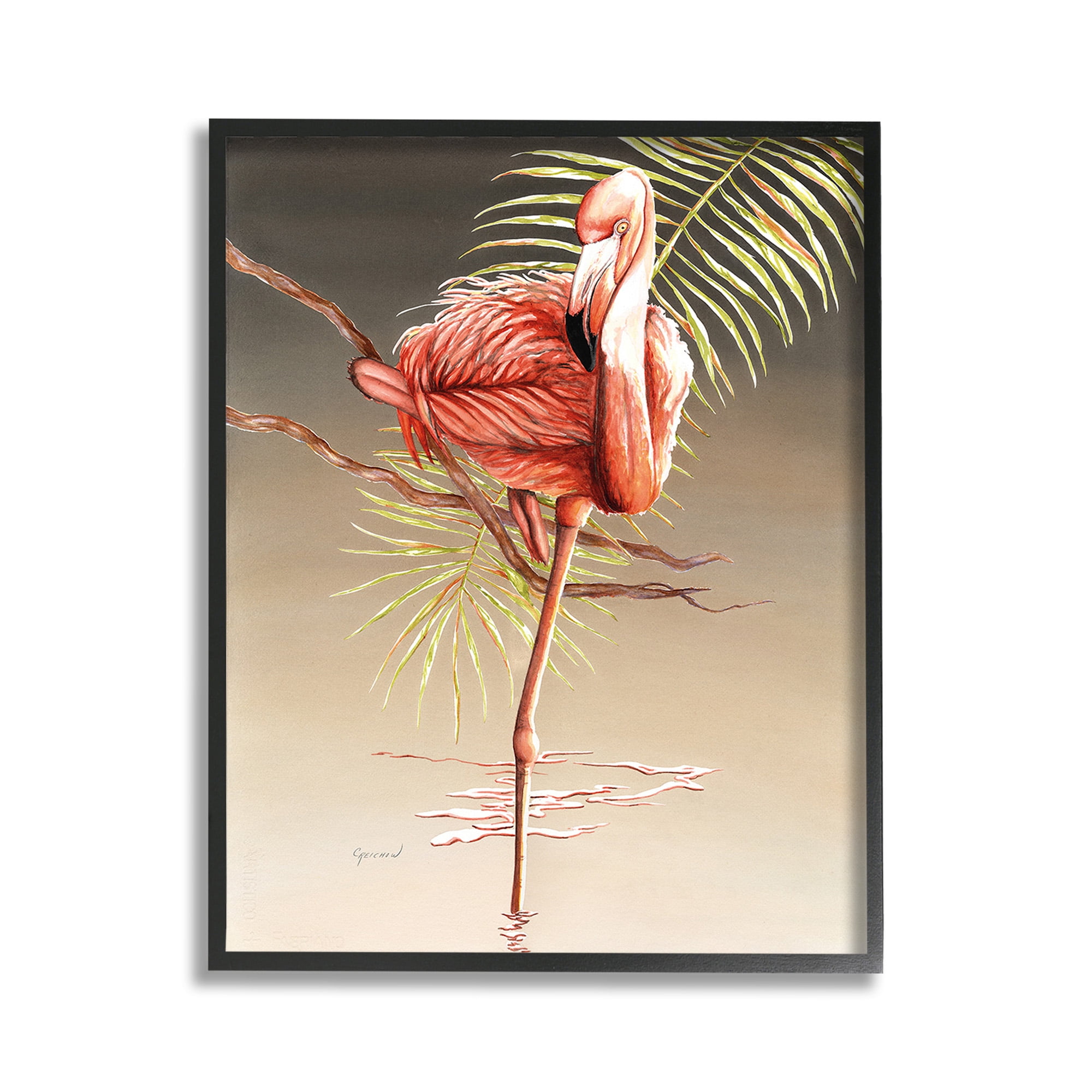 Flamingo Balancing with Leaf Print on Canvas in Black Frame