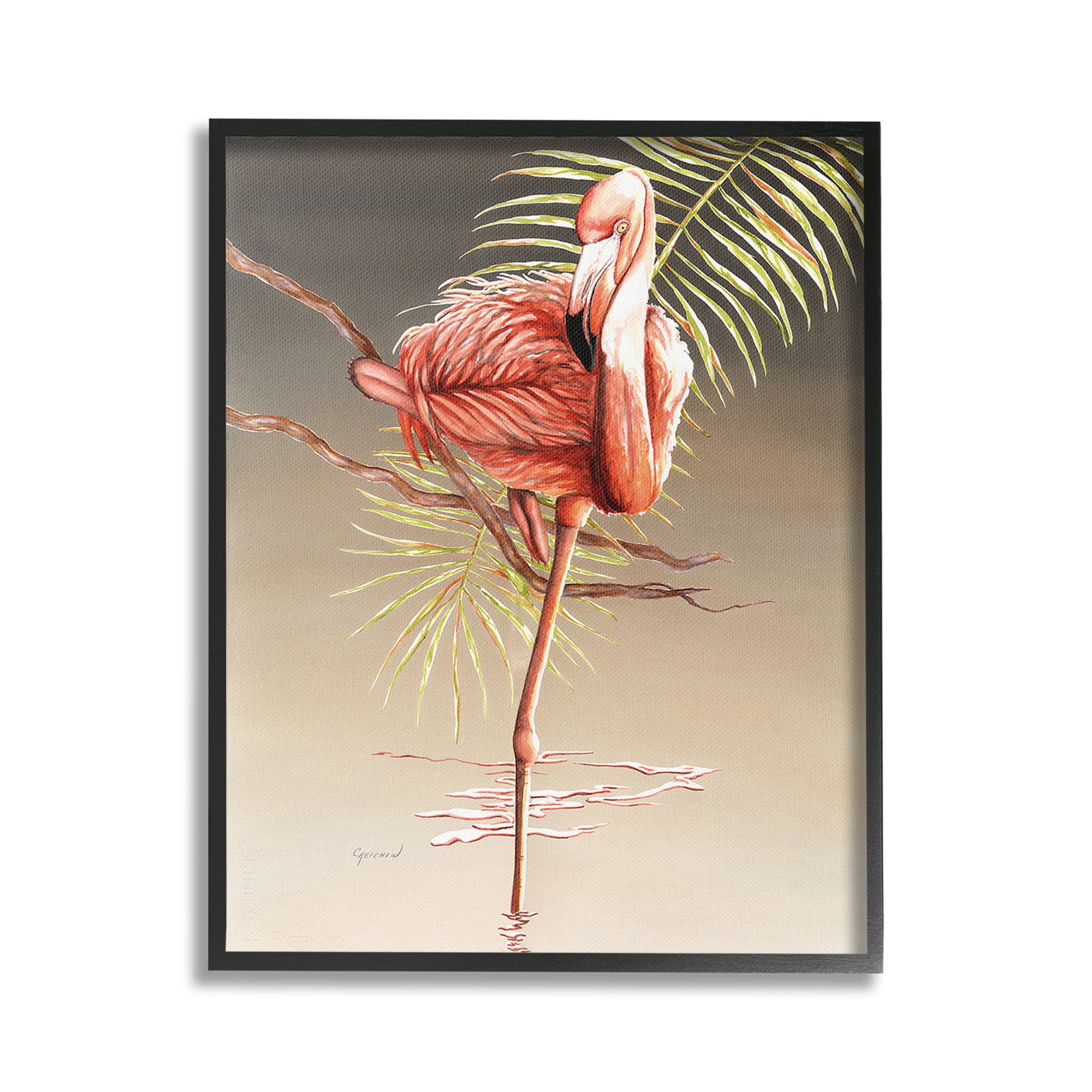 Stupell Industries Flamingo Balancing with Leaf Animals & Insects Painting Black Framed Art Print Wall Art, 16 x 20