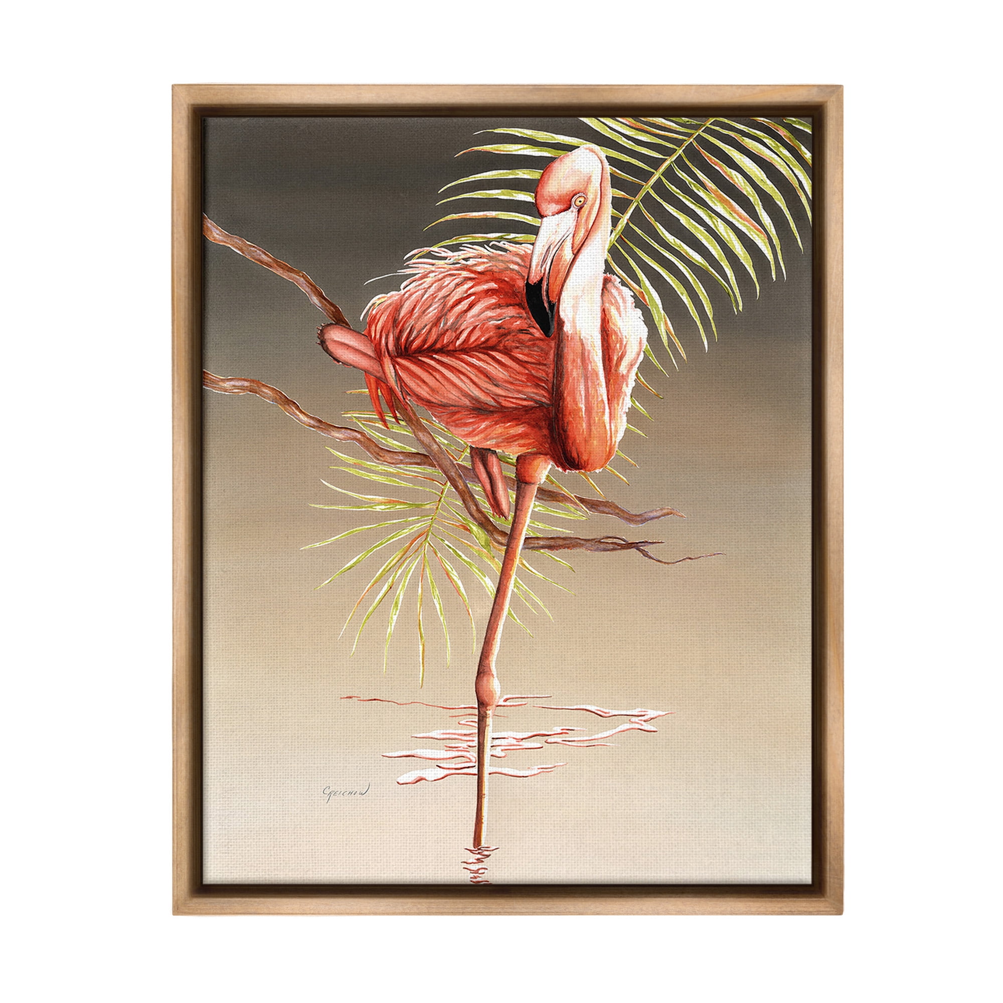 Stupell Industries Flamingo Balancing with Leaf Animals & Insects Painting Brown Floater Framed Canvas Art Print Wall Art, 17 x 21