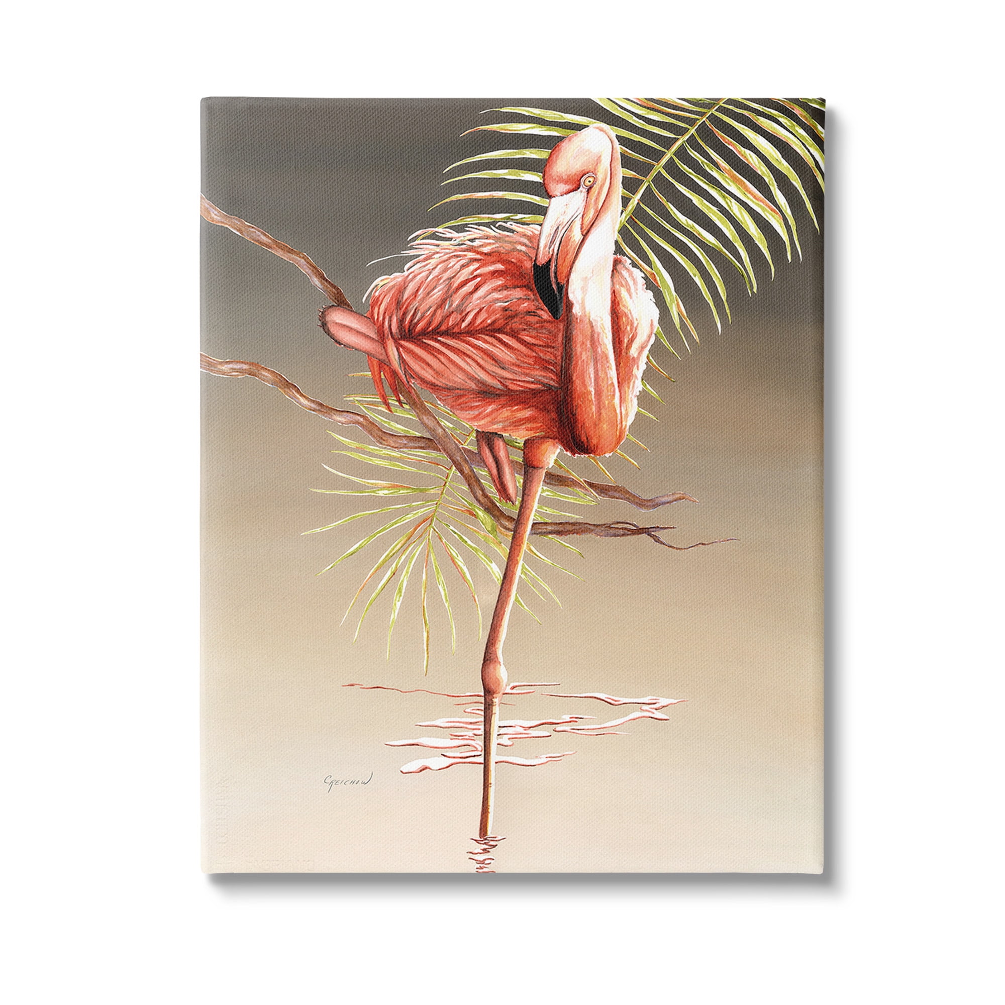 Stupell Industries Flamingo Balancing with Leaf Animals & Insects Painting Gallery Wrapped Canvas Art Print Wall Art, 36 x 48