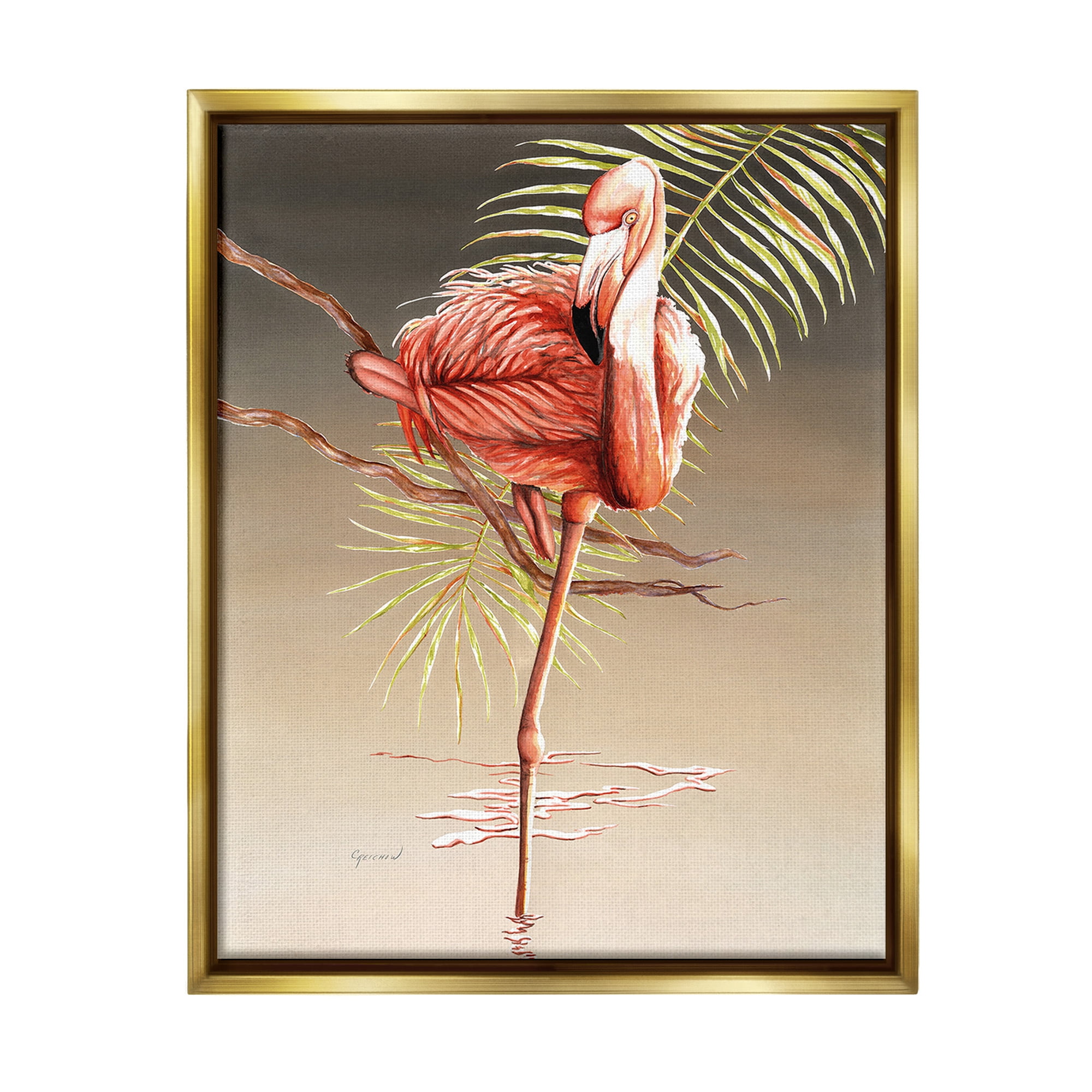 Stupell Industries Flamingo Balancing with Leaf Animals & Insects Painting Gold Floater Framed Canvas Art Print Wall Art, 25 x 31