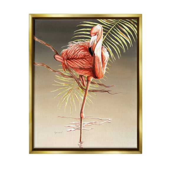 Stupell Industries Flamingo Balancing with Leaf Animals & Insects Painting Gold Floater Framed Canvas Art Print Wall Art, 25 x 31