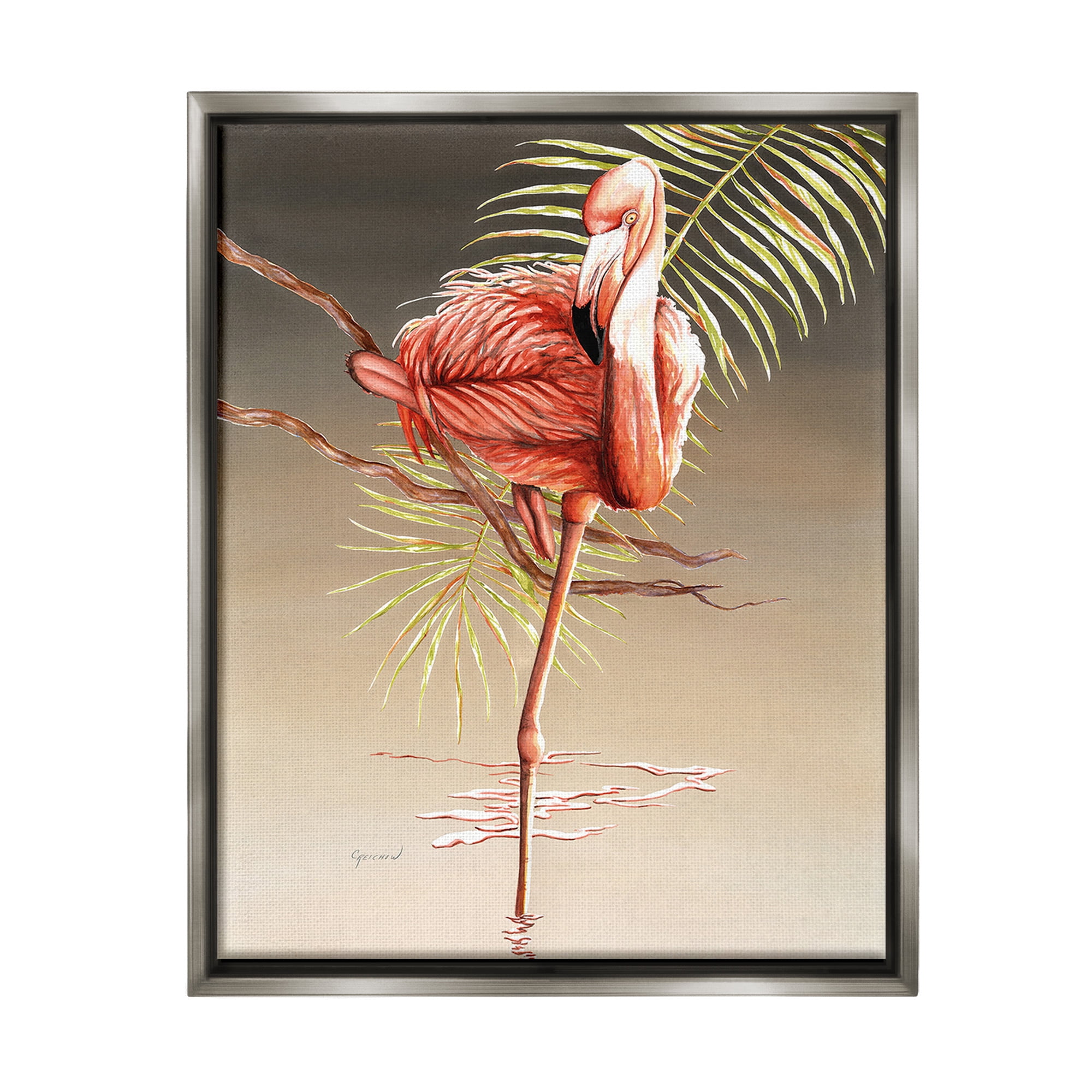 Stupell Industries Flamingo Balancing with Leaf Animals & Insects Painting Gray Floater Framed Canvas Art Print Wall Art, 25 x 31