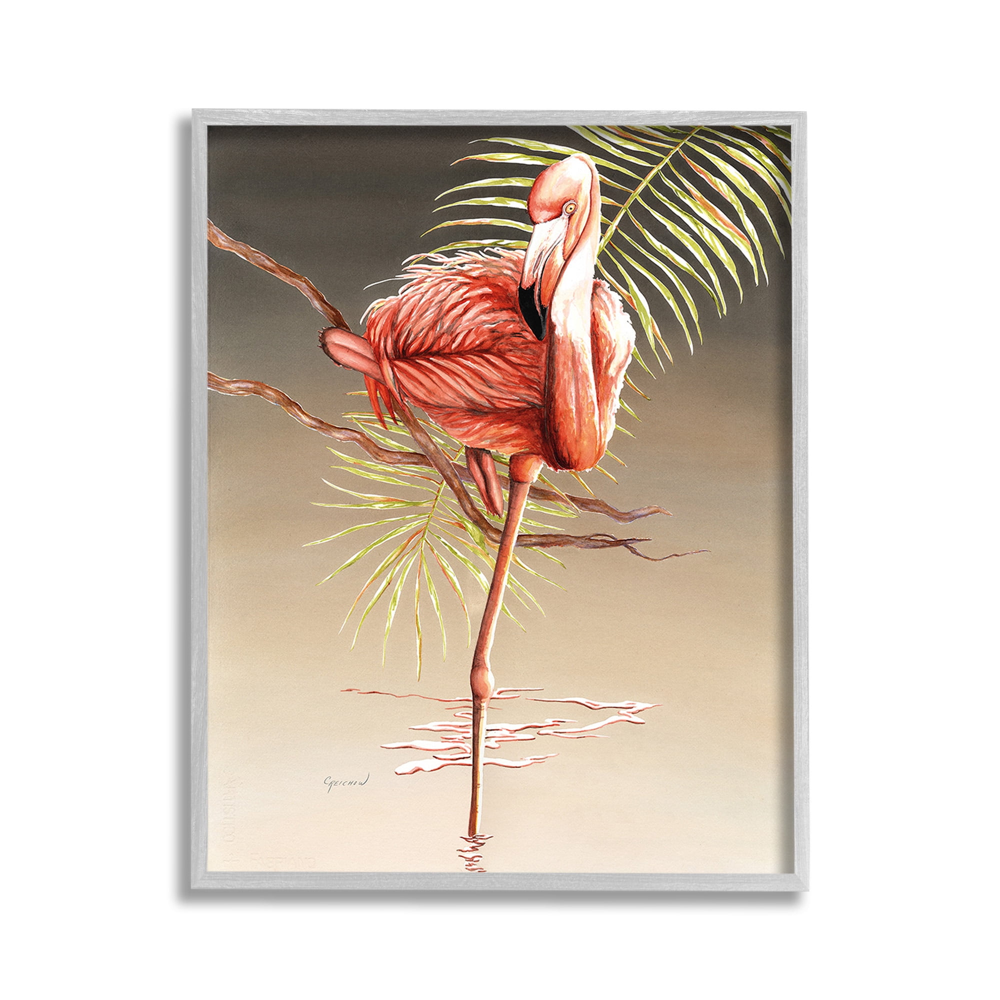 Gray Framed Flamingo Canvas Print with Tropical Leaves, 11 x 14