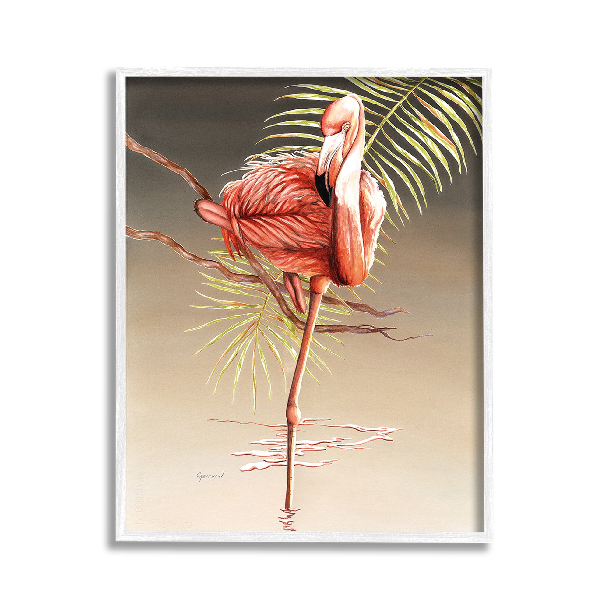 Flamingo Balancing with Leaf on Canvas in White Frame, 11 x 14