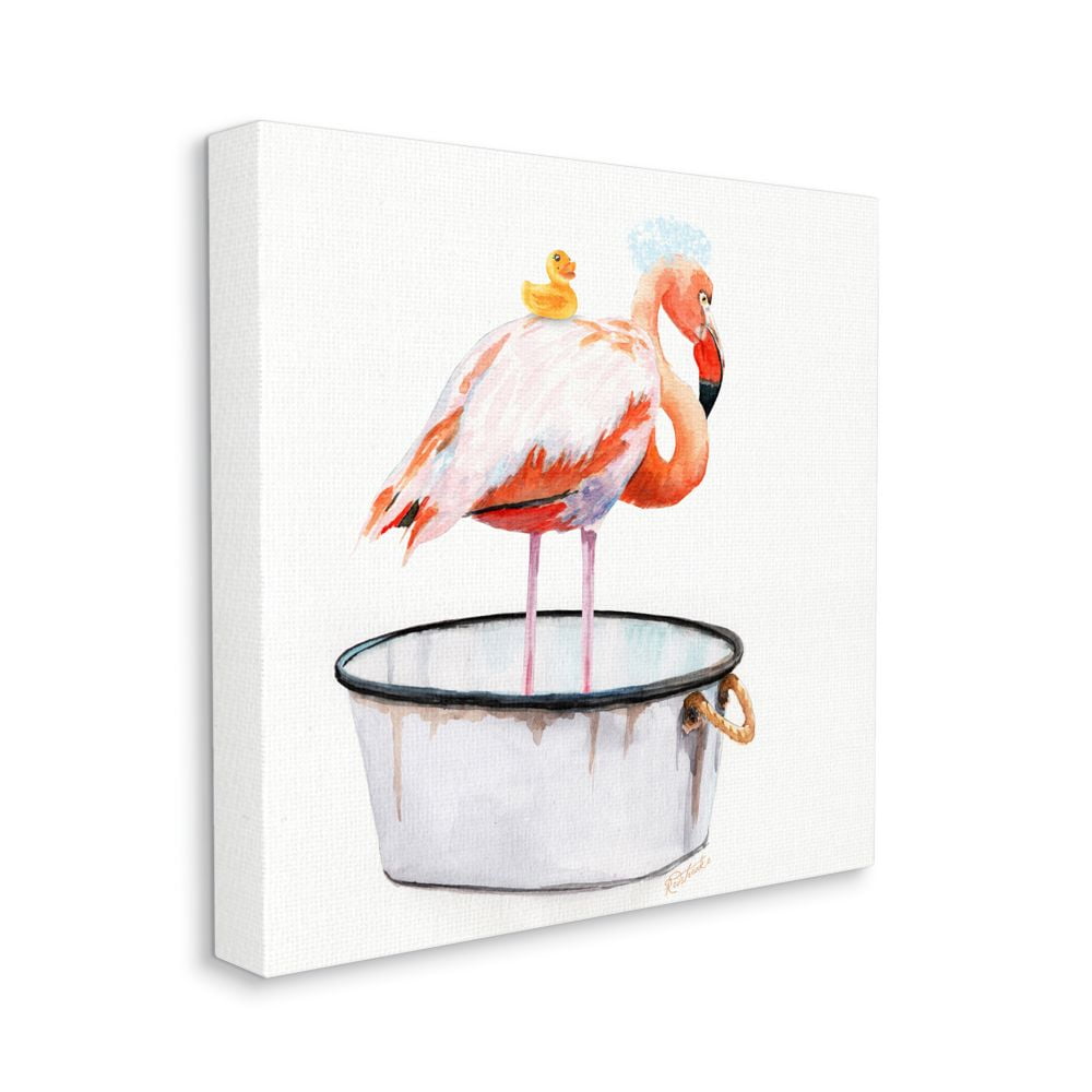 Flamingo Bath Time with Rubber Duck Canvas Wall Art, 36x36